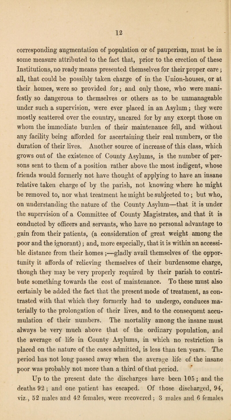 corresponding augmentation of population or of pauperism, must be in some measure attributed to the fact that, prior to the erection of these Institutions, no ready means presented themselves for their proper care; all, that could be possibly taken charge of in the Union-houses, or at their homes, were so provided for; and only those, who were mani¬ festly so dangerous to themselves or others as to be unmanageable under such a supervision, were ever placed in an Asylum; they were mostly scattered over the country, uncared for by any except those on whom the immediate burden of their maintenance fell, and without any facility being afforded for ascertaining their real numbers, or the duration of their lives. Another source of increase of this class, which grows out of the existence of County Asylums, is the number of per¬ sons sent to them of a position rather above the most indigent, whose friends would formerly not have thought of applying to have an insane relative taken charge of by the parish, not knowing where he might be removed to, nor what treatment he might be subjected to; but who, on understanding the nature of the County Asylum—that it is under the supervision of a Committee of County Magistrates, and that it is conducted by officers and servants, who have no personal advantage to gain from their patients, (a consideration of great weight among the poor and the ignorant); and, more especially, that it is within an accessi¬ ble distance from their homes ;—gladly avail themselves of the oppor¬ tunity it affords of relieving themselves of their burdensome charge, though they may be very properly required by their parish to contri¬ bute something towards the cost of maintenance. To these must also certainly be added the fact that the present mode of treatment, as con¬ trasted with that which they formerly had to undergo, conduces ma¬ terially to the prolongation of their lives, and to the consequent accu¬ mulation of their numbers. The mortality among the insane must always be very much above that of the ordinary population, and the average of life in County Asylums, in which no restriction is placed on the nature of the cases admitted, is less than ten years. The period has not long passed away when the average life of the insane poor was probably not more than a third of that period. Up to the present date the discharges have been 105; and the deaths 93 ; and one patient has escaped. Of ihose discharged, 94, viz., 53 males and 43 females, were recovered; 3 males and 6 females