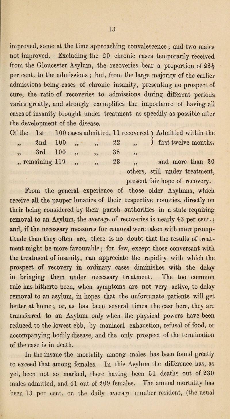 improved, some at the time approaching convalescence; and two males not improved. Excluding the 30 chronic cases temporarily received from the Gloucester Asylum, the recoveries bear a proportion of 33|- per cent, to the admissions ; but, from the large majority of the earlier admissions being cases of chronic insanity, presenting no prospect of cure, the ratio of recoveries to admissions during different periods varies greatly, and strongly exemplifies the importance of having all cases of insanity brought under treatment as speedily as possible after the development of the disease. Of the 1st 100 cases admitted, 11 recovered j 1 Admitted within the „ 3nd 100 „ >3 33 „ J > first twelve months. „ 3rd 100 „ 33 38 5> ,, remaining 119 „ 33 33 5J and more than 30 others, still under treatment, present fair hope of recovery. From the general experience of those older Asylums, which receive all the pauper lunatics of their respective counties, directly on their being considered by their parish authorities in a state requiring removal to an Asylum, the average of recoveries is nearly 43 per cent.; and, if the necessary measures for removal were taken with more promp¬ titude than they often are, there is no doubt that the results of treat¬ ment might be more favourable; for few, except those conversant with the treatment of insanity, can appreciate the rapidity with which the prospect of recovery in ordinary cases diminishes with the delay in bringing them under necessary treatment. The too common rule has hitherto been, when symptoms are not very active, to delay removal to an asylum, in hopes that the unfortunate patients will get better at home ; or, as has been several times the case here, they are transferred to an Asylum only when the physical powers have been reduced to the lowest ebb, by maniacal exhaustion, refusal of food, or accompanying bodily disease, and the only prospect of the termination of the case is in death. In the insane the mortality among males has been found greatly to exceed that among females. In this Asylum the difference has, as yet, been not so marked, there having been 51 deaths out of 330 males admitted, and 41 out of 309 females. The annual mortality has been 13 per cent, on the daily average number resident, (the usual