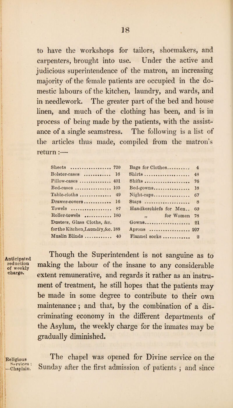 to have the workshops for tailors, shoemakers, and carpenters, brought into use. Under the active and judicious superintendence of the matron, an increasing majority of the female patients are occupied in the do¬ mestic labours of the kitchen, laundry, and wards, and in needlework. The greater part of the bed and house linen, and much of the clothing has been, and is in process of being made by the patients, with the assist¬ ance of a single seamstress. The following is a list of the articles thus made, compiled from the matron’s return:— Sheets . 726 Bolster-cases . 16 Pillow-cases ..401 Bed-cases. 105 Table-cloths. 49 Drawer-covers.. 16 Towels . 87 Roller-towels .180 Dusters, Glass Cloths, &c. forthe Kitchen,Laundry.&c. 188 Muslin Blinds. 40 Bags for Clothes. 4 Shirts. 48 Shifts. 76 Bed-gowns. 18 Night-caps. 67 Stays . 8 Handkerchiefs for Men.. 60 „ for Women 78 Gowns. 21 Aprons .207 Flannel socks. 2 Anticipated reduction of weekly charge. Though the Superintendent is not sanguine as to making the labour of the insane to any considerable extent remunerative, and regards it rather as an instru¬ ment of treatment, he still hopes that the patients may be made in some degree to contribute to their own maintenance ; and that, by the combination of a dis¬ criminating economy in the different departments of the Asylum, the weekly charge for the inmates may be gradually diminished. Religious [ Services : ! —Chaplain. The chapel was opened for Divine service on the Sunday after the first admission of patients ; and since