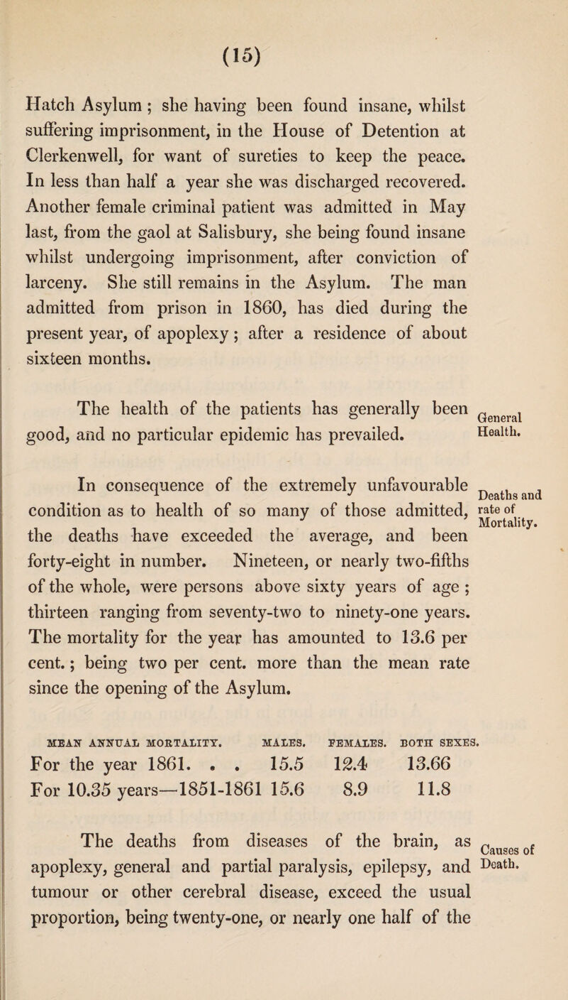 Hatch Asylum ; she having been found insane, whilst suffering imprisonment, in the House of Detention at Clerkenwell, for want of sureties to keep the peace. In less than half a year she was discharged recovered. Another female criminal patient was admitted in May last, from the gaol at Salisbury, she being found insane whilst undergoing imprisonment, after conviction of larceny. She still remains in the Asylum. The man admitted from prison in 1860, has died during the present year, of apoplexy; after a residence of about sixteen months. The health of the patients has generally been good, and no particular epidemic has prevailed. General Health. In consequence of the extremely unfavourable condition as to health of so many of those admitted, the deaths have exceeded the average, and been forty-eight in number. Nineteen, or nearly two-fifths of the whole, were persons above sixty years of age ; thirteen ranging from seventy-two to ninety-one years. The mortality for the year has amounted to 13.6 per cent.; being two per cent, more than the mean rate since the opening of the Asylum. Deaths and rate of Mortality. MEAN ANNUAL MORTALITY. MALES. For the year 1861. * . 15.5 For 10.35 years—1851-1861 15.6 FEMALES. BOTH SEXES. 12.4 13.66 8.9 11.8 The deaths from diseases of the brain, as Cauges apoplexy, general and partial paralysis, epilepsy, and Death, tumour or other cerebral disease, exceed the usual proportion, being twenty-one, or nearly one half of the