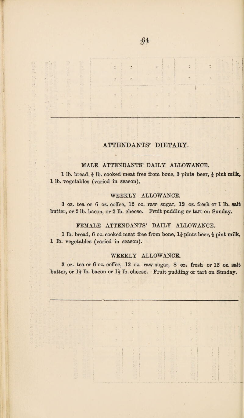 ATTENDANTS’ DIETARY. MALE ATTENDANTS’ DAILY ALLOWANCE. 1 lb. bread, f lb. cooked meat free from bone, 3 pints beer, f pint milk, 1 lb. vegetables (varied in season). WEEKLY ALLOWANCE. 3 oz. tea or 6 oz. coffee, 12 oz. raw sugar, 12 oz. fresh or 1 lb. salt butter, or 2 lb. bacon, or 2 lb. cheese. Fruit pudding or tart on Sunday. FEMALE ATTENDANTS’ DAILY ALLOWANCE. 1 lb. bread, 6 oz. cooked meat free from bone, If pints beer, f pint milk, 1 lb. vegetables (varied in season). WEEKLY ALLOWANCE. 3 oz. tea or 6 oz. coffee, 12 oz. raw sugar, 8 oz. fresh or 12 oz. salt butter, or If lb. bacon or If lb. cheese. Fruit pudding or tart on Sunday.