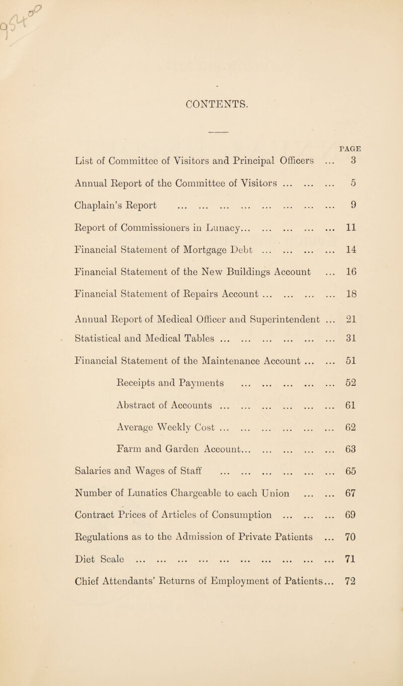 CONTENTS. PAGE List of Committee of Visitors and Principal Officers ... 3 Annual Report of the Committee of Visitors. 5 Chaplain’s Report . 9 Report of Commissioners in Lunacy. 11 Financial Statement of Mortgage Debt . 14 Financial Statement of the New Buildings Account ... 16 Financial Statement of Repairs Account. 18 Annual Report of Medical Officer and Superintendent ... 21 Statistical and Medical Tables. 31 Financial Statement of the Maintenance Account. 51 Receipts and Payments . 52 Abstract of Accounts . 61 Average Weekly Cost. 62 Farm and Garden Account. 63 Salaries and Wages of Staff . 65 Number of Lunatics Chargeable to each Union . 67 Contract Prices of Articles of Consumption . 69 Regulations as to the Admission of Private Patients ... 70 Diet Scale ... ... ... ... ... ... ... ... ... ... 71 Chief Attendants’ Returns of Employment of Patients... 72
