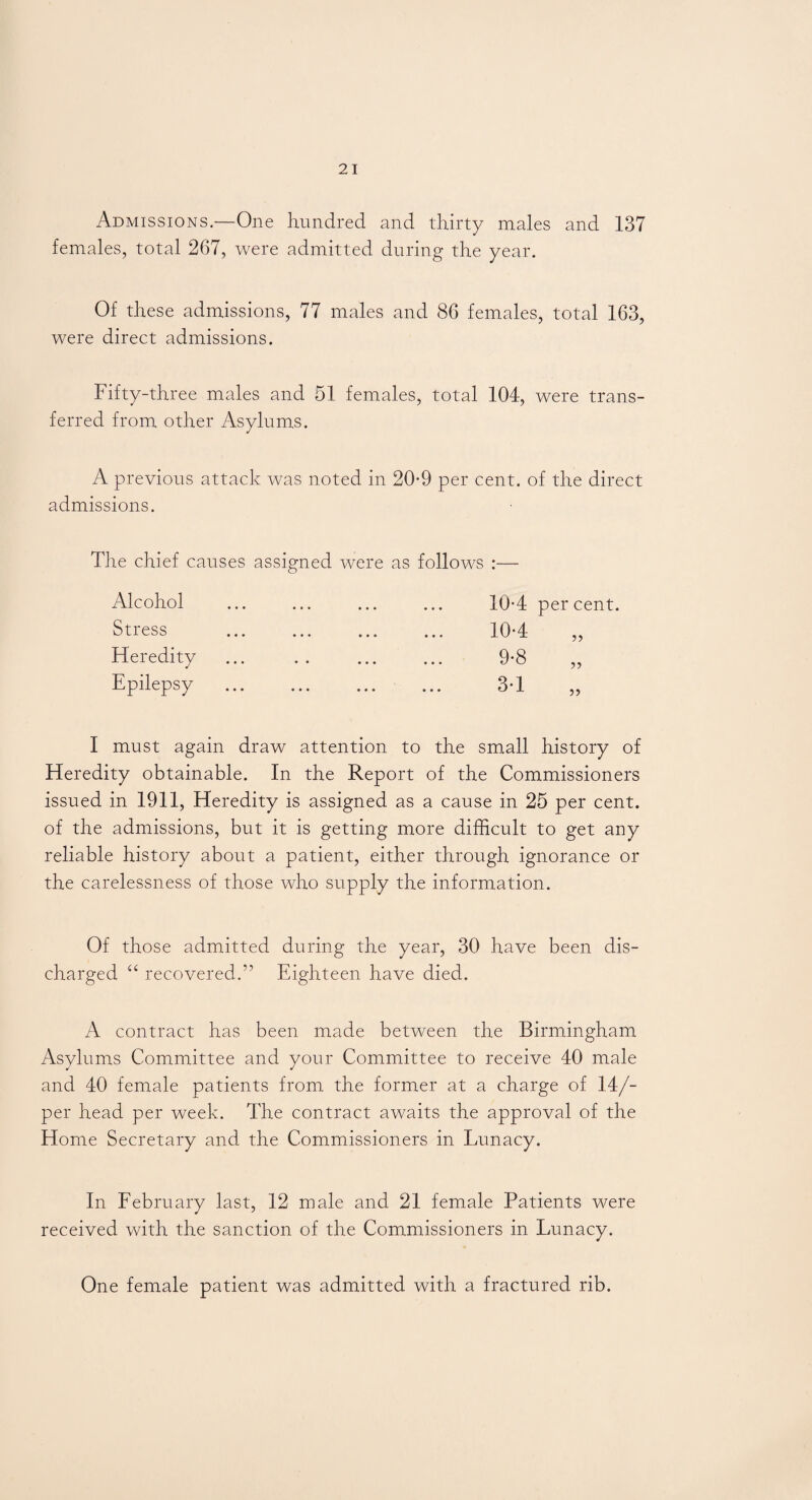 Admissions.—One hundred and thirty males and 137 females, total 267, were admitted during the year. Of these admissions, 77 males and 86 females, total 163, were direct admissions. Fifty-three males and 51 females, total 104, were trans¬ ferred from other Asylums. A previous attack was noted in 20-9 per cent, of the direct admissions. The chief causes assigned were as follows :— Alcohol Stress Heredity Epilepsy 10-4 per cent. 10-4 9-8 31 I must again draw attention to the small history of Heredity obtainable. In the Report of the Commissioners issued in 1911, Heredity is assigned as a cause in 25 per cent, of the admissions, but it is getting more difficult to get any reliable history about a patient, either through ignorance or the carelessness of those who supply the information. Of those admitted during the year, 30 have been dis¬ charged “ recovered.'1 Eighteen have died. A contract has been made between the Birmingham Asylums Committee and your Committee to receive 40 male and 40 female patients from the former at a charge of 14/- per head per week. The contract awaits the approval of the Home Secretary and the Commissioners in Lunacy. In February last, 12 male and 21 female Patients were received with the sanction of the Commissioners in Lunacy. One female patient was admitted with a fractured rib.