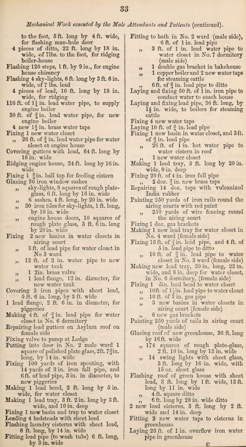 Mechanical Work executed hy the Male Aitendayits and Fatients (continued). to the foot, 5 ft. long by 4 ft. wide, for flashing man-hole door 4 pieces of ditto, 22 ft. long hy 18 in. wide, ^f 71hs. to the foot, for ridging boiler-house Flashing 120 steps, 1 ft. by 9 in., for engine house chimney Flashing 4 sky-lights, 6 ft. long hy 3 ft. 6 in. wide, of 7 lbs. lead 4 pieees of lead, 16 ft. long by 18 in. wide, for ridging 116 ft. of 1^ in. lead water pipe, to supply engine boiler 30 ft. of f in. lead water pipe, for new engine boiler 4 new If in. brass water taps Fixing 1 new water closet „ 26 ft. of f in. lead water pipe for water closet at engine house Covering gutters with lead, 64 ft. long by 18 in. wide Padging engine house, 24 ft. long by 16 in. wide Fixing 1 fin. ball tap for feeding cistern Glazing 30 iron window sashes ,, sky-lights, 8 squares of rough plate- glass, 6 ft. long by 16 in. wide „ 6 sashes, 4 ft. long, by 20 in. wide ,, 30 iron tiles for sky-lights, 1 ft. long, by 10 in. wide ,, engine house doors, 10 squares of rough plate glass, 3 ft. 6 in. long by 20 in. wide Fixing 2 new basins in water closets in airing court 3 ft. of lead pipe for water closet in No 3 ward 12 ft. of 2 in. water pipe to new water tank 1 2in. brass valve 1 lead flange, 12 in. diameter, for new water tank Covering 2 iron pipes with sheet lead, 5 ft. 6 in. long, by 3 ft. wide 1 lead flange, 2 ft. 6 in. in diameter, for piggeries Making 4 ft. of f in. lead pipe for water closet in No. 6 dormitory Eepairing lead gutters on Asylum roof on female side Fixing valve to pump at Lodge Putting into door in No. 2 male ward 1 square of polished plate glass, 2ft. 7fin. long, by 14 in. wide Fixing 100 yards of iron spouting, with 14 yards of Sin. iron fall pipe, and 6 ft. of lead pipe, 3 in. in diameter, to new piggeries Making 1 lead bend, 2 ft. long by 5 in. wide, for water closet Making 1 lead tray, 3 ft. 2 in. long by 3 ft. wide, and 10 in. deep Fixing 1 new basin and trap to water closet Leading 4 bedsteads with sheet lead Flashing laundry cisterns with sheet lead, 8 ft. long, by 14 in. wide Fitting lead pipe (to wash tubs) 6 ft. long, by 3 in. wide u )5 >» Fitting to bath in No. 2 ward (male side), 6 ft. of 1 in. lead pipe 3 ft. of 1 in. lead water pipe to water closet in No. 7 dormitory (male side) 1 double gas bracket in bakehouse 1 copper boiler and 2 new water taps for steaming cattle 6 ft. of f in. lead pipe to ditto Laying and fixing 50 ft. of 1 in. iron pipe to conduct water to coach house Laying and fixing lead pipe, 36 ft. long, by I5 in. wide, to boilers for steaming cattle Fixing 4 new water taps Laying 10 ft. of f in. lead pipe Fixing 1 new basin in water closet, and 3 ft. of f in. lead pipe 26 ft. of 1 in. hot water pipe to water cistern in roof 1 new water closet Making 1 lead tray, 3 ft. long by 20 in. wide, 9 in. deep Fixing 20 ft. of 4 in. iron fall pipe ,, 2 doz. fin. new brass taps Eepairing 14 doz. taps with vulcanized India rubber Painting 250 yards of iron rails round the airing courts with red paint ,, 250 yards of wire fencing round the airing court Fixing 1 doz. gas brackets Making 1 new lead tray for water closet in No. 4 ward (female side) Fixing 16 ft. of f in. lead pipe, and 4 ft. of 5 in. lead pipe to ditto 10ft. of fin. lead pipe to water closet in No. 3 ward (female side) Making new lead tray, 30 in. long, 22 in. wide, and 8 in. deep for water closet, in No. 6 dormitory, (female side) Fixing 1 5in. lead bend to water closet 10ft. of l^in. lead pipe to water closet 10 ft. of 3 in. gas pipe 3 new basins in water closets in airing court (female side) 6 new gas brackets Painting 250 yards of rails in airing court (male side) Glazing roof of new greenhouse, 36 ft. long by 16 ft. wide ,, 174 squares of rough plate-glass, 2 ft. 10 in. long by 13 in. wide ,, 14 swing lights with sheet glass, 3 ft. long by 16 in. wide, with 15 oz. sheet glass Flashing roof of green house with sheet lead, 3 ft. long by 1ft. wide, 13 ft. long by 11 in. wide ,, 4 ft. square ditto ,, 6 ft. long by 20 in. wide ditto 2 new lead cisterns, 3 ft. long by 2 ft. wide and 14 in. deep Fitting 2 new water taps to cisterns in greenhouse of 1 in. overflow iron water pipe in greenhouse C 7) 77 77 Laying 26 ft