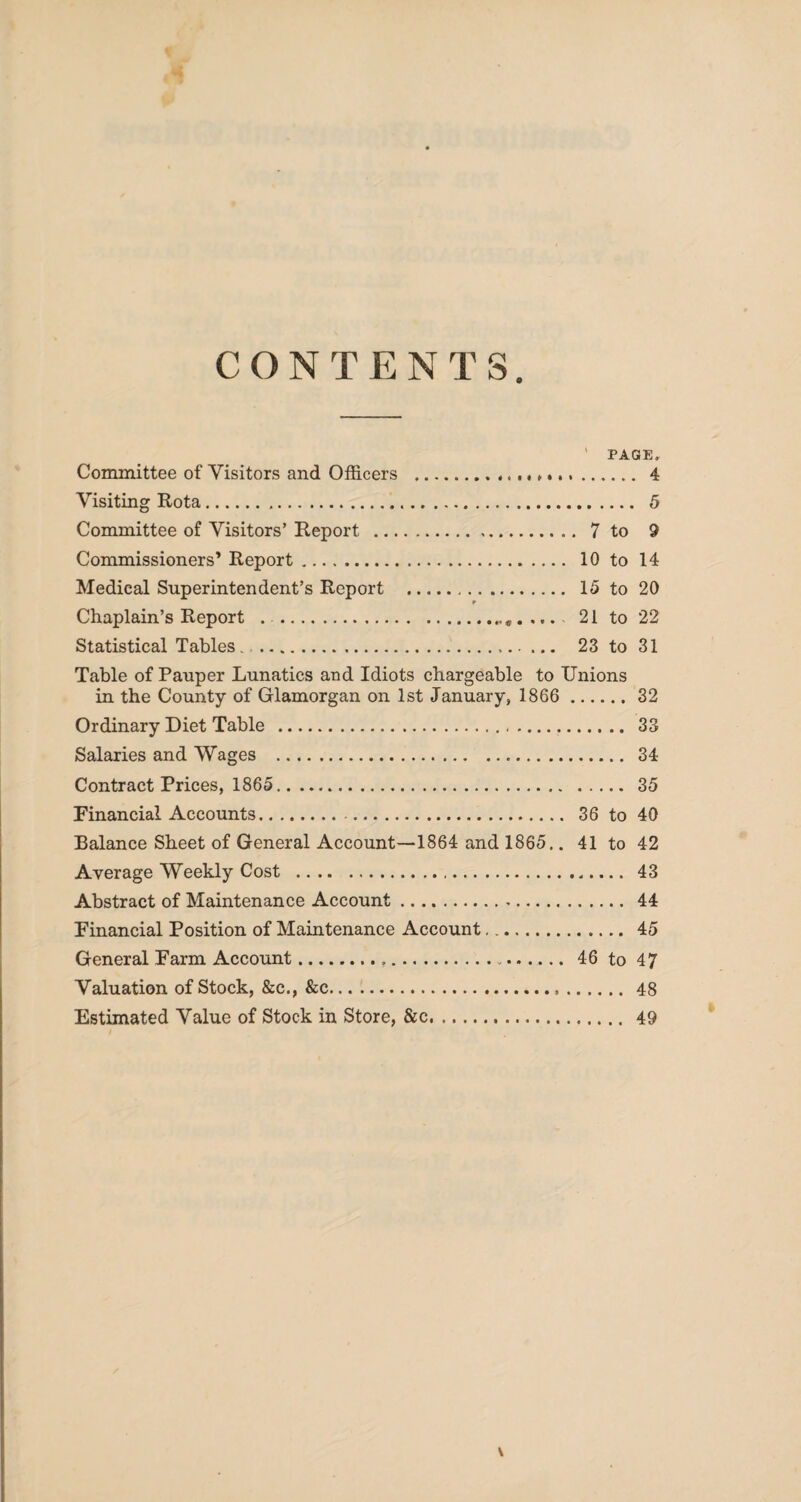 CONTENTS. PAGE. Committee of Visitors and Officers .. .... 4 Visiting Rota. 5 Committee of Visitors’ Report . 7 to 9 Commissioners’ Report. 10 to 14 Medical Superintendent’s Report . 15 to 20 r Chaplain’s Report . .. 21 to 22 Statistical Tables. . 23 to 31 Table of Pauper Lunatics and Idiots chargeable to Unions in the County of Glamorgan on 1st January, 1866 . 32 Ordinary Diet Table . 33 Salaries and Wages . 34 Contract Prices, 1865. 35 Financial Accounts.. 36 to 40 Balance Sheet of General Account—1864 and 1865.. 41 to 42 Average Weekly Cost . 43 Abstract of Maintenance Account. 44 Financial Position of Maintenance Account. 45 General Farm Account... 46 to 47 Valuation of Stock, &c., &c.,. 48 Estimated Value of Stock in Store, &c. 49 v