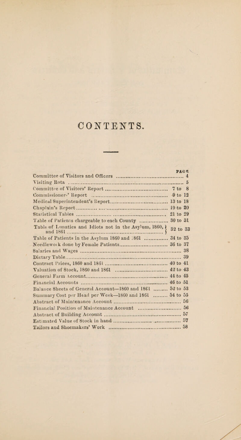 CONTENTS. PA® R Committee of Visitors and Officers .. 4 Visiting’ Rota ..... 5 Committee of Visitors’ Report. 7 to 8 Commissioner-’ Report . 9 to 12 Medical Superintendent’s Report..... 13 to 18 Chaplain’s Report. 19 to 20 Statistical Tables .. 21 to 29 'Table of Patients chargeable to each County . 30 to 31 Tableof Lunatics and Idiots not in the Asylum, 1860,1 g~ +0 33 and 1861. ) Table of Patients in the Asylum 1860 and .861 . 34 to 35 Needletvotk done by Female Patients. 36 to 37 Salaries and Wages . 38 Dietary Table. 39 Contract Prices, 1860 and 1861. 40 to 41 Valuation of Stock, 1860 and 1861 . 42 to 43 General Farm Account. 44 to 45 Financial Accounts . 46 to 51 Balance Sheets of General Account—1860 and 1861 . 52 to 53 Summary Cost per Head per Week—1860 and 1861 . 54 to 55 Abstract of Maintenance Account... 56 Financial Position of Maintenance Account . 56 Abstract of Building Account . 57 Estimated Value of Stock in hand... 57 Tailors and Shoemakers’ Work ........ 58