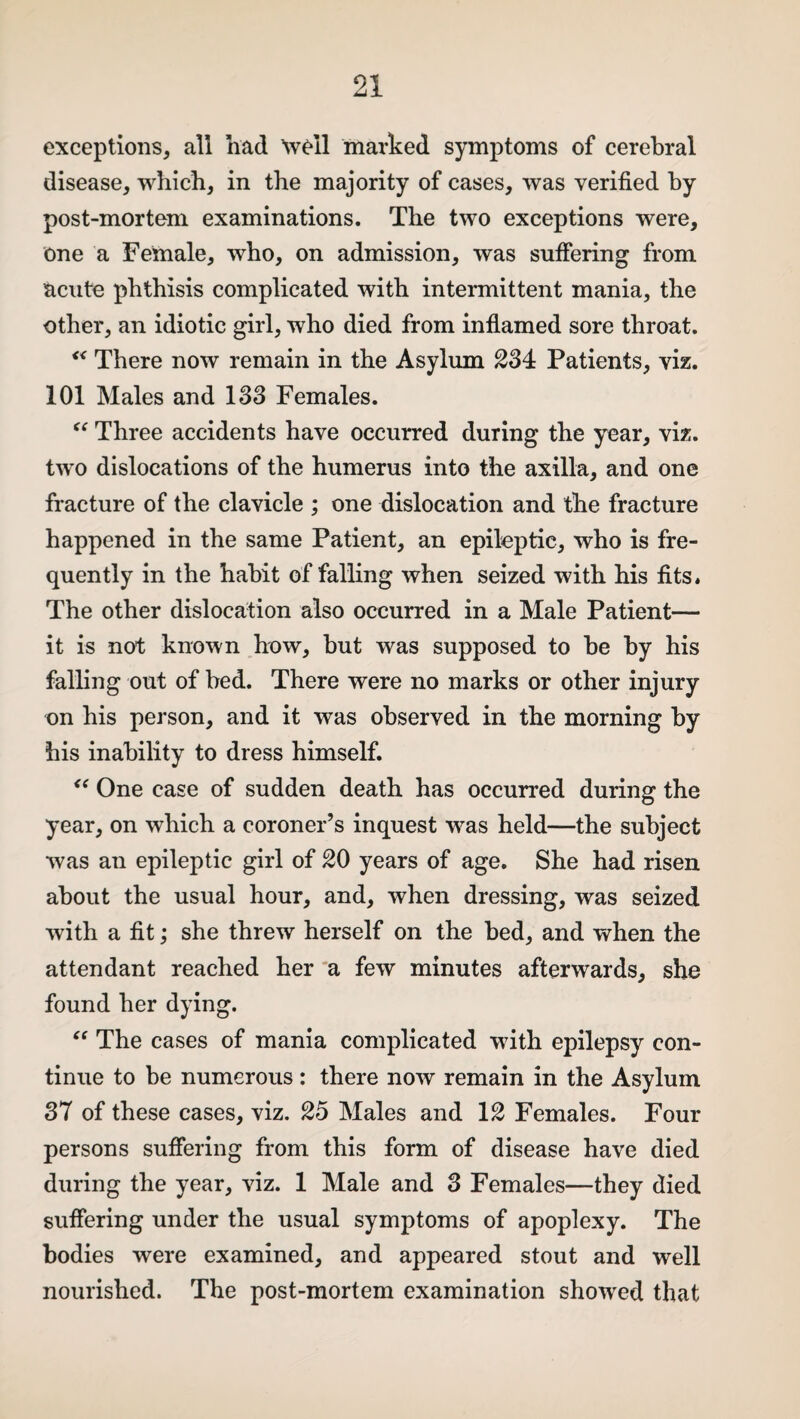 exceptions, all had well marked symptoms of cerebral disease, which, in the majority of cases, was verified by post-mortem examinations. The two exceptions were, one a Female, who, on admission, was suffering from acute phthisis complicated with intermittent mania, the other, an idiotic girl, who died from inflamed sore throat. “ There now remain in the Asylum 234 Patients, viz. 101 Males and 133 Females. “ Three accidents have occurred during the year, viz. two dislocations of the humerus into the axilla, and one fracture of the clavicle ; one dislocation and the fracture happened in the same Patient, an epileptic, who is fre¬ quently in the habit of falling when seized with his fits* The other dislocation also occurred in a Male Patient— it is not known how, but was supposed to be by his falling out of bed. There were no marks or other injury on his person, and it was observed in the morning by his inability to dress himself. “ One case of sudden death has occurred during the year, on which a coroner’s inquest was held—the subject was an epileptic girl of 20 years of age. She had risen about the usual hour, and, when dressing, was seized with a fit; she threw herself on the bed, and when the attendant reached her a few minutes afterwards, she found her dying. “ The cases of mania complicated with epilepsy con¬ tinue to be numerous: there now remain in the Asylum 37 of these cases, viz. 25 Males and 12 Females. Four persons suffering from this form of disease have died during the year, viz. 1 Male and 3 Females—they died suffering under the usual symptoms of apoplexy. The bodies were examined, and appeared stout and well nourished. The post-mortem examination showed that