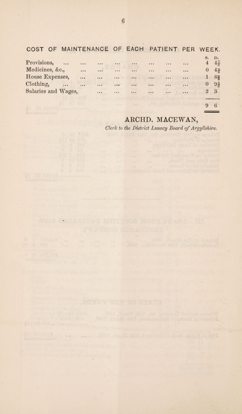 COST OF MAINTENANCE OF Provisions, . . Medicines, &c., .. House Expenses, . Clothing, . Salaries and Wages, . EACH PATIENT PER WEEK. S. D. . 4 ii ... ... ... ... 0 4-f ... ... ... ... 1 <Sf ... ... ... ... 0 9^ ... ... ... ... 2 3 9 6 — ARCHD. MACEWAN, Cleric to the District Lunacy Board of Argyllshire.