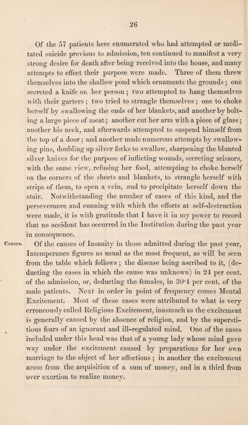 Of the 57 patients here enumerated who had attempted or medi¬ tated suicide previous to admission, ten continued to manifest a very strong desire for death after being received into the house, and many attempts to effect their purpose were made. Three of them threw themselves into the shallow pond which ornaments the grounds ; one secreted a knife on her person ; two attempted to hang themselves with their garters ; two tried to strangle themselves ; one to choke herself by swallowing the ends of her blankets, and another by bolt¬ ing a large piece of meat; another cut her arm with a piece of glass ; another his neck, and afterwards attempted to suspend himself from the top of a door; and another made numerous attempts by swallow¬ ing pins, doubling up silver forks to swallow, sharpening the blunted silver knives for the purpose of inflicting wounds, secreting scissors, with the same view, refusing her food, attempting to choke herself on the corners of the sheets and blankets, to strangle herself with strips of them, to open a vein, and to precipitate herself down the stair. Notwithstanding the number of cases of this kind, and the perseverance and cunning with which the etforts at self-destruction were made, it is with gratitude that I have it in my power to record that no accident has occurred in the Institution during the past year in consequence. Causes. Of the causes of Insanity in those admitted during the past year. Intemperance figures as usual as the most frequent, as will be seen from the table which follows ,• the disease being ascribed to it, (de¬ ducting the cases in which the cause was unknown) in 24 per cent, of the admission, or, deducting the females, in 30'4 per cent, of the male patients. Next in order in point of frequency comes Mental Excitement. Most of these cases were attributed to what is very t/ erroneously called Religious Excitement, inasmuch as the excitement is generally caused by the absence of religion, and by the supersti¬ tious fears of an ignorant and ill-regulated mind. One.of the cases included under this head was that of a young lady whose mind gave way under the excitement caused by preparations for her own ' marriage to the object of her affections ; in another the excitement arose from the acquisition of a sum of money, and in a third from over exertion to realize monev.