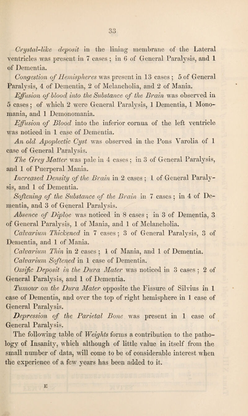 Crystal-llke deposit in the lining' ineinhrane of the Lateral ventricles was present in 7 cases ; in 6 of General Paralysis, and 1 of Dementia. Congestion of Hemispheres was present in 13 cases ; 5 of G eneral Paralysis, 4 of Dementia, 2 of Melancholia, and 2 of Mania. Effusion of blood into the Substance of the Brain was observed in 5 cases; of which 2 were General Paralysis, 1 Dementia, 1 Mono¬ mania, and 1 Demonomania. Effusion of Blood into the inferior cornua of the left ventricle was noticed in 1 case of Dementia. An old Apoplectic Cyst was observed in the Pons Yarolia of 1 case of General Paralysis. The Grey Matter was pale in 4 cases ; in 3 of General Paralysis, and 1 of Puerperal Mania. Increased Density of the Brain in 2 cases ; 1 of General Paraly¬ sis, and 1 of Dementia. Softening of the Substance of the Brain in 7 cases ; in 4 of De¬ mentia, and 3 of General Paralysis. Absence of Diploe was noticed in 8 cases ; in 3 of Dementia, 3 of General Paralysis, 1 of Mania, and 1 of Melancholia. Calvarium Thickened in 7 cases ; 3 of General Paralysis, 3 of Dementia, and 1 of Mania. Calvarium Thin in 2 cases ; 1 of Mania, and 1 of Dementia. Calvarium Softened in 1 case of Dementia. Ossific Deposit in the Dura Mater was noticed in 3 cases ; 2 of General Paralysis, and 1 of Dementia. Tumour on the Dura Mater opposite the Fissure of Silvius in 1 case of Dementia, and over the top of right hemisphere in 1 case of General Paralysis. Depression of the Parietal Bone was present in 1 case of General Paralysis. The following table of Weights forms a contribution to the patho¬ logy of Insanity, which although of little value in itself from the small number of data, will come to be of considerable interest when the experience of a few years has been added to it. E