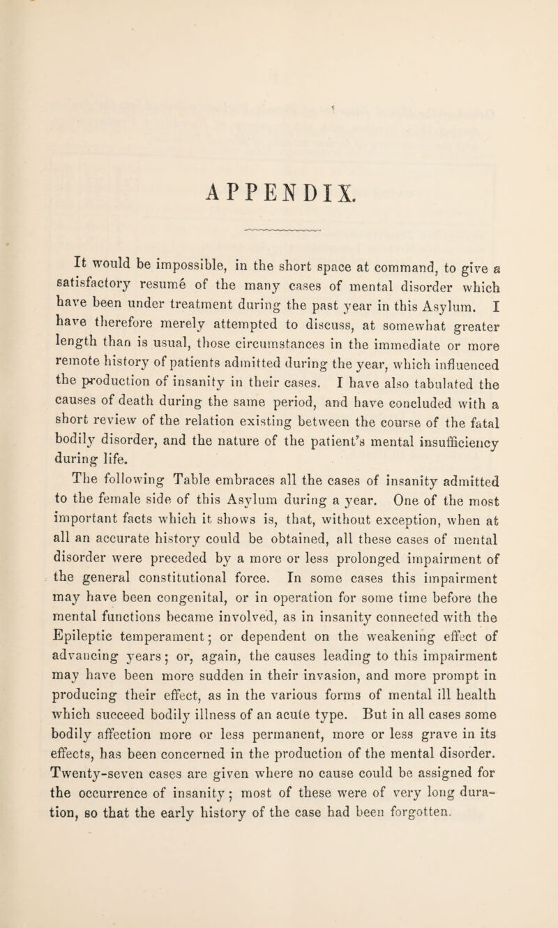 $ APPENDIX. It would be impossible, in the short space at command, to give a satisfactory resume of the many cases of mental disorder which have been under treatment during the past year in this Asylum. I have therefore merely attempted to discuss, at somewhat greater length than is usual, those circumstances in the immediate or more remote history of patients admitted during the year, which influenced the production of insanity in their cases. I have also tabulated the causes of death during the same period, and have concluded with a short review of the relation existing between the course of the fatal bodily disorder, and the nature of the patient’s mental insufficiency during life. The following Table embraces all the cases of insanity admitted to the female side of this Asylum during a year. One of the most important facts which it shows is, that, without exception, when at all an accurate history could be obtained, all these cases of mental disorder were preceded by a more or less prolonged impairment of the general constitutional force. In some cases this impairment may have been congenital, or in operation for some time before the mental functions became involved, as in insanity connected with the Epileptic temperament; or dependent on the weakening effect of advancing years ; or, again, the causes leading to this impairment may have been more sudden in their invasion, and more prompt in producing their effect, as in the various forms of mental ill health which succeed bodily illness of an acute type. But in all cases some bodily affection more or less permanent, more or less grave in its effects, has been concerned in the production of the mental disorder. Twenty-seven cases are given where no cause could be assigned for the occurrence of insanity ; most of these were of very long dura¬ tion, so that the early history of the case had been forgotten.