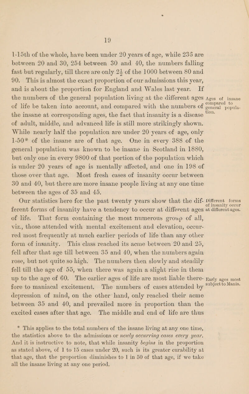 1-15tli of the whole, have been under 20 years of age, while 235 are between 20 and 30, 254 between 30 and 40, the numbers falling fast but regularly, till there are only 2^ of the 1000 between 80 and 90. This is almost the exact proportion of our admissions this year, and is about the proportion for England and Wales last year. If the numbers of the general population living at the different ages Ages of insane of life be taken into account, and compared with the numbers of generaie<popuia- the insane at corresponding ages, the fact that insanity is a disease tl0a* of adult, middle, and advanced life is still more strikingly shown. While nearly half the population are under 20 years of age, only 1-50* of the insane are of that age. One in every 388 of the general population was known to be insane in Scotland in 1880, but only one in every 9800 of that portion of the population which is under 20 years of age is mentally affected, and one in 198 of those over that age. Most fresh cases of insanity occur between 30 and 40, but there are more insane people living at any one time between the ages of 35 and 45. Our statistics here for the past twenty years show that the dif- Different forms x J . of insanity occur ferent forms of insanity have a tendency to occur at different ages at different ages, of life. That form containing the most numerous group of all, viz., those attended with mental excitement and elevation, occur¬ red most frequently at much earlier periods of life than any other form of insanity. This class reached its acme between 20 and 25, fell after that age till between 35 and 40, when the numbers again rose, but not quite so high. The numbers then slowly and steadily fell till the age of 55, when there was again a slight rise in them up to the age of 60. The earlier ages of life are most liable there- Early ages most tore to maniacal excitement. The numbers ot cases attended by depression of mind, on the other hand, only reached their acme between 35 and 40, and prevailed more in proportion than the excited cases after that age. The middle and end of life are thus * This applies to the total numbers of the insane living at any one time, the statistics above to the admissions or newly occurring cases every year. And it is instructive to note, that while insanity begins in the proportion as stated above, of 1 to 15 cases under 20, such is its greater curability at that age, that the proportion diminishes to 1 in 50 of that age, if we take all the insane living at any one period.