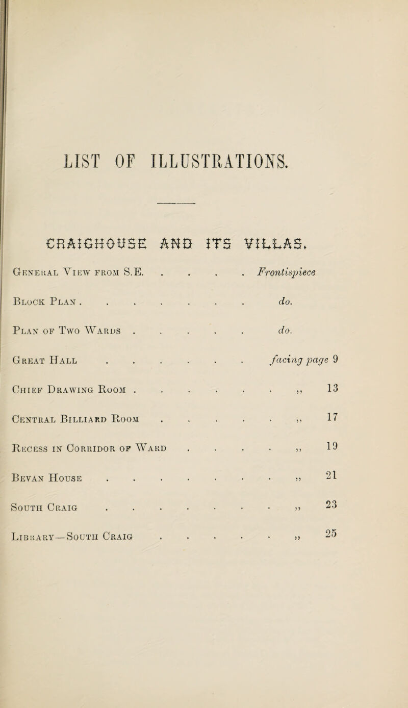 LIST OF ILLUSTRATIONS CRAICBOUSE AHG ITS VILLAS, General View from S.E. Block Plan .... Plan of Two Wards . Great Hall Chief Drawing Room . Central Billiard Room Recess in Corridor of Ward Bevan House South Craig Library—South Craig Frontispiece do. do. facing page 9 13 j > 5 > !) 5> )) 17 19 21 23 25