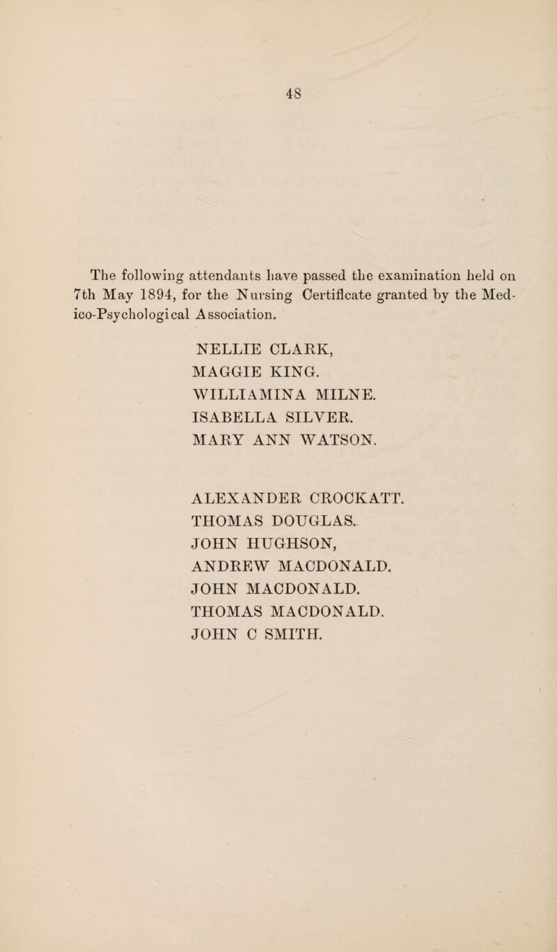 The following attendants have passed the examination held on 7th May 1894, for the Nursing Certificate granted by the Med¬ ico-Psychological Association. NELLIE CLAPK, MAGGIE KING. WILLI AMINA MILNE. ISABELLA SILVER. MARY ANN WATSON. ALEXANDER CROCKATT. THOMAS DOUGLAS. JOHN HUGHSON, ANDREW MACDONALD. JOHN MACDONALD. THOMAS MACDONALD. JOHN C SMITH.