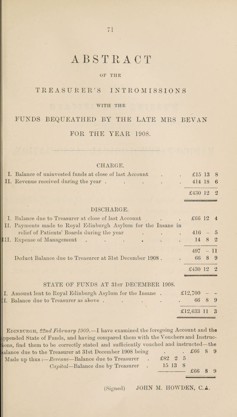 A J3 S T R A C T OF THE TREASURER’S I N T R O AII S S I 0 N S WITH THE FUNDS BEQUEATHED BY THE LATE MRS BEVAN FOR THE YEAR 1908. CHARGE. I. Balance of uninvested funds at close of last Account . . £15 13 8 II. Revenue received during the year ..... 414 18 6 £430 12 2 DISCHARGE. I. Balance due to Treasurer at close of last Account . . £66 12 4 II. Payments made to Royal Edinburgh Asylum for the Insane in i-elief of Patients’ Boards during the year . . . 416-5 H. Expense of Management , . . . . . 14 8 2 497 - 11 Deduct Balance due to Treasurer at 31st December 1908 . . 66 8 9 £430 12 2 STATE OF FUNDS AT 31st DECEMBER 1908. I. Amount lent to Royal Edinburgh Asylum for the Insane . £12,700 - - I. Balance due to Treasurer as above . . . . . 66 8 9 £12,633 11 3 Edinburgh, S2nd February 1009.—I have examined the foregoing Account and the ppended State of Funds, and having compared them with the Vouchers and Instruc- ions, find them to be correctly stated and sufficiently vouched and instructed—the alance due to the Treasurer at 31st December 1908 being . . £66 8 9 Made up thus :—Revenue—Balance due to Treasurer . £82 2 5 Capital—Balance due by Treasurer . 15 13 8 - £66 8 9