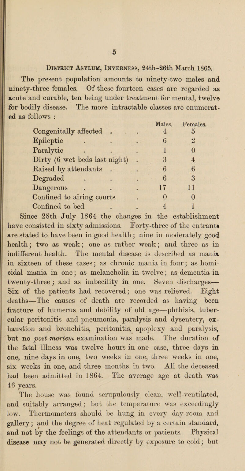 District Asylum, Inverness, 24th-26th March 1865. The present population amounts to ninety-two males and ninety-three females. Of these fourteen cases are regarded as acute and curable, ten being under treatment for mental, twelve for bodily disease. The more intractable classes are enumerate ed as follows : Males. Females. Congenitally affected . 4 5 Epileptic 6 2 Paralytic 1 0 Dirty (6 wet beds last night) . 3 4 liaised by attendants . 6 6 Degraded 6 3 Dangerous 17 11 Confined to airing courts 0 0 Confined to bed 4 1 Since 28th July 1864 the changes in the establishment have consisted in sixty admissions. Forty-three of the entrants are stated to have been in good health; nine in moderately good health; two as weak; one as rather weak; and three as in indifferent health. The mental disease is described as mania in sixteen of these cases; as chronic mania in four; as homi¬ cidal mania in one; as melancholia in twelve; as dementia in twenty-three; and as imbecility in one. Seven discharges— Six of the patients had recovered; one was relieved. Eight deaths—The causes of death are recorded as having been fracture of humerus and debility of old age—phthisis, tuber¬ cular peritonitis and pneumonia, paralysis and dysentery, ex¬ haustion and bronchitis, peritonitis, apoplexy and paralysis, but no post mortem examination was made. The duration of the fatal illness was twelve hours in one case, three days in one, nine days in one, two weeks in one, three weeks in one, six weeks in one, and three months in two. All the deceased had been admitted in 1864. The average age at death was 46 years. The house was found scrupulously clean, well-ventilated, and suitably arranged; but the temperature was exceedingly low. Thermometers should be hung in every day-room and gallery; and the degree of heat regulated by a certain standard, and not by the feelings of the attendants or patients. Physical disease may not be generated directly by exposure to cold; but