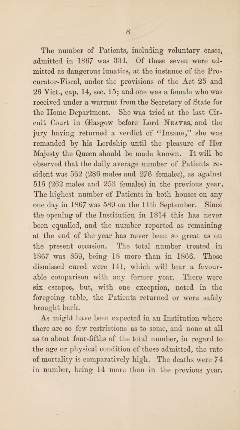 The number of Patients, including voluntary cases, admitted in 1867 was 334. Of these seven were ad¬ mitted as dangerous lunatics, at the instance of the Pro¬ curator-Fiscal, under the provisions of the Act 25 and 26 Viet., cap. 14, sec. 15; and one was a female who was received under a warrant from the Secretary of State for the Home Department. She was tried at the last Cir¬ cuit Court in Glasgow before Lord Heaves, and the jury having returned a verdict of “Insane,” she was remanded by his Lordship until the pleasure of Her Majesty the Queen should be made known. It will be observed that the daily average number of Patients re¬ sident was 562 (286 males and 276 females), as against 515 (262 males and 253 females) in the previous year. The highest number of Patients in both houses on any one day in 1867 was 589 on the lltli September. Since the opening of the Institution in 1814 this has never been equalled, and the number reported as remaining at the end of the year has never been so great as on the present occasion. The total number treated in 1867 was 859, being 18 more than in 1866. Those dismissed cured were 141, which will bear a favour¬ able comparison with any former year. There were six escapes, but, with one exception, noted in the foregoing table, the Patients returned or were safely brought back. As might have been expected in an Institution where there are so few restrictions as to some, and none at all as to about four-fifths of the total number, in regard to the age or physical condition of those admitted, the rate of mortality is comparatively high. The deaths were 74 in number, being 14 more than in the previous year.