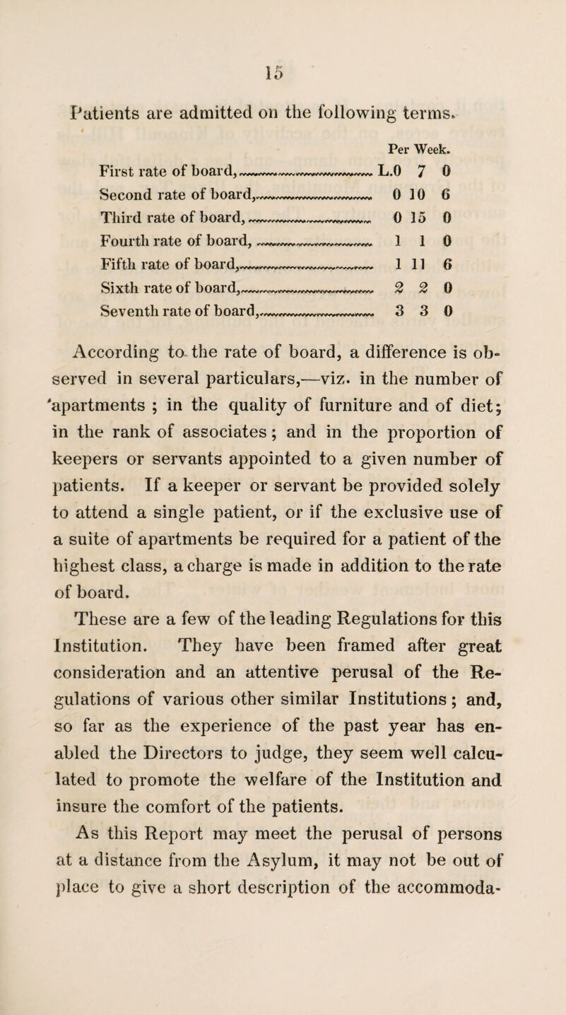 Patients are admitted on the following terms. Per Week. Fust 1 ate of boRi L.O 7 0 Second rate of board,- 0 10 6 Third rate of board,--- 0 15 0 Fourth rate of board,--™- 1 1 0 Fifth 1 ate of boai 1 11 6 Sixth rate of board,— ---— 2 2 0 Seventh i ate of boai 3 3 0 According to the rate of board, a difference is ob~ served in several particulars,—viz. in the number of 'apartments ; in the quality of furniture and of diet; in the rank of associates; and in the proportion of keepers or servants appointed to a given number of patients. If a keeper or servant be provided solely to attend a single patient, or if the exclusive use of a suite of apartments be required for a patient of the highest class, a charge is made in addition to the rate of board. These are a few of the leading Regulations for this Institution. They have been framed after great consideration and an attentive perusal of the Re¬ gulations of various other similar Institutions; and, so far as the experience of the past year has en¬ abled the Directors to judge, they seem well calcu¬ lated to promote the welfare of the Institution and insure the comfort of the patients. As this Report may meet the perusal of persons at a distance from the Asylum, it may not be out of place to give a short description of the accommoda-