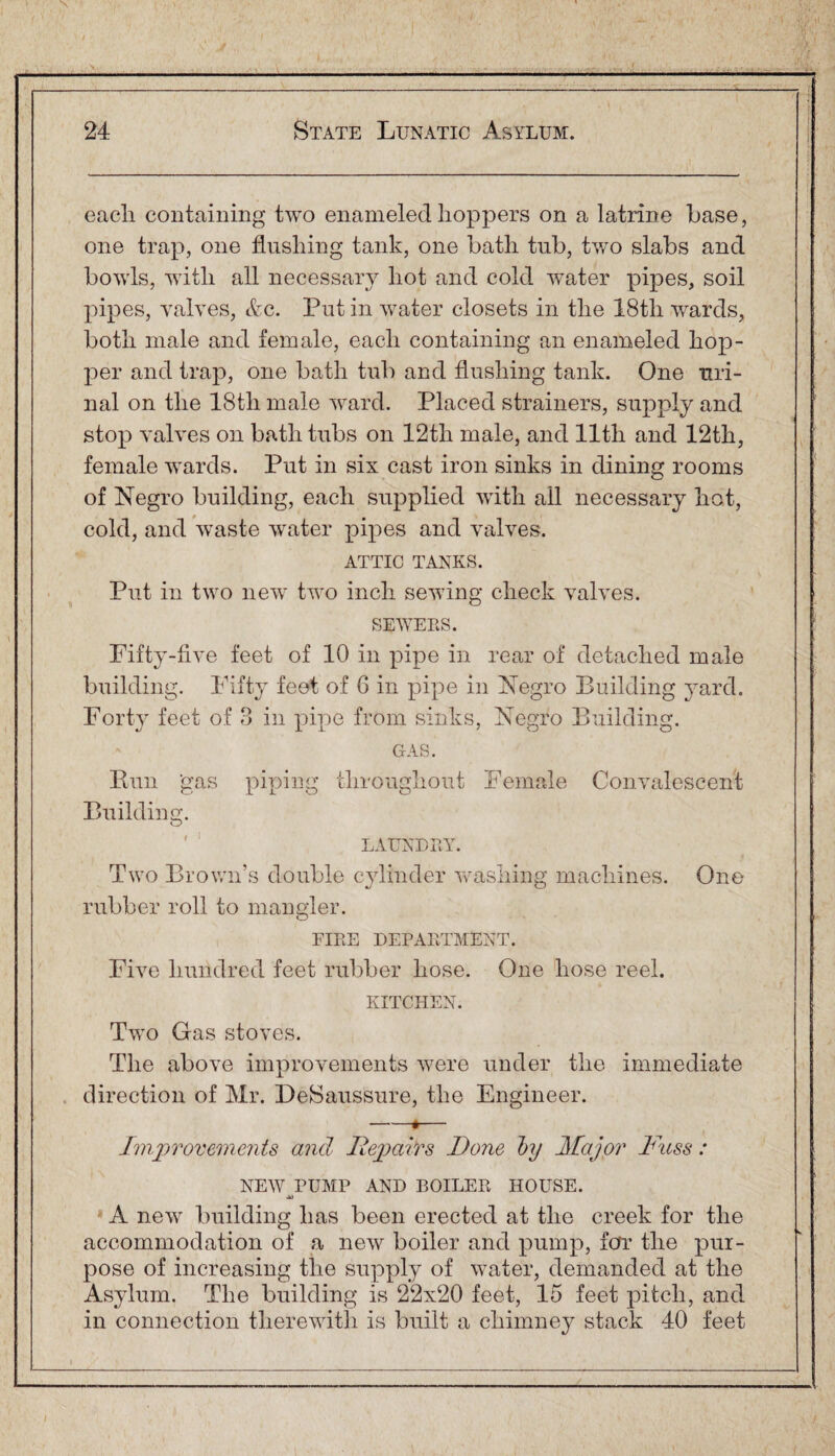 eacli containing two enameled hoppers on a latrine base, one trap, one flushing tank, one hath tub, two slabs and bowls, with all necessary hot and cold water pipes, soil pipes, valves, &c. Put in water closets in the 18th wards, both male and female, each containing an enameled hop¬ per and trap, one bath tub and flushing tank. One uri¬ nal on the 18tli male ward. Placed strainers, supply and stop valves on bathtubs on 12th male, and 11th and 12th, female wards. Put in six cast iron sinks in dining rooms of Negro building, each supplied with all necessary hot, cold, and waste water pipes and valves, ATTIC TANKS. Put in two new two inch sewing check valves. SEWERS. Fifty-live feet of 10 in pipe in rear of detached male building. Fifty feet of 6 in pipe in Negro Building yard. Forty feet of 3 in pipe from sinks, Negro Building. GAS. Bun 'gas piping throughout Female Convalescent Building. LAUNDRY. Two Brown’s double cylinder washing machines. One rubber roll to mangier. EIRE DEPARTMENT. Five hundred feet rubber hose. One hose reel. KITCHEN. Two Gas stoves. The above improvements were under the immediate direction of Mr. DeSaussure, the Engineer. -*— Improvements and Repairs Done by Mayor Fuss : NEW PUMP AND BOILER HOUSE. A new building has been erected at the creek for the accommodation of a new boiler and pump, fcrr the pur¬ pose of increasing the supply of water, demanded at the Asylum. The building is 22x20 feet, 15 feet pitch, and in connection therewith is built a chimney stack 40 feet f