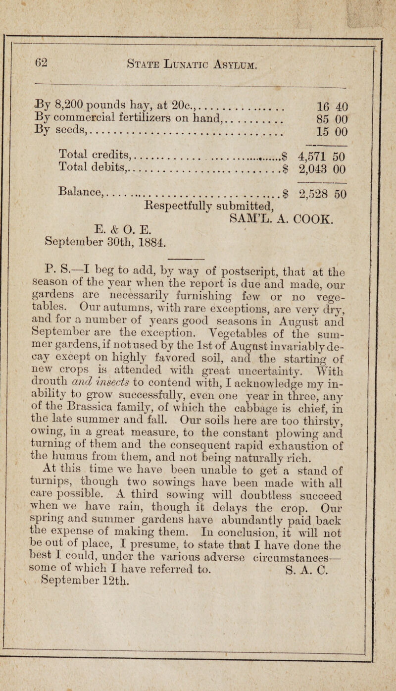 By 8,200 pounds hay, at 20c.,. 16 40 By commercial fertilizers on hand,. 85 00 By seeds,. 15 00 Total credits,.$ 4,571 50 Total debits,.$ 2,043 00 Balance,.$ Respectfully submitted, SAM’L. A. E. & O. E. September 30th, 1884. 2,528 50 COOK. P. S.—I beg to add, by way of postscript, that at the season of the year when the report is due and made, our gardens are necessarily furnishing few or no vege¬ tables. Our autumns, with rare exceptions, are very dry, and for a number of years good seasons in August and September are the exception. C egetables of the sum¬ mer gardens, if not used by the 1st of August invariably de¬ cay except on highly favored soil, and the starting of new crops is attended with great uncertainty. With drouth and insects to contend with, I acknowledge my in¬ ability to grow successfully, even one year in three, any of the Brassica family, of which the cabbage is chief, in the late summer and fall. Our soils here are too thirsty, owing, in a great measure, to the constant plowing and turning of them and the consequent rapid exhaustion of the humus from them, and not being naturally rich. At this time we have been unable to get a stand of turnips, though two sowings have been made with all care possible. A third sowing will doubtless succeed when we have rain, though it delays the crop. Our spring and summer gardens have abundantly paid back the expense of making them. In conclusion, it will not be out of place, I presume, to state that I have done the best I could, under the various adverse circumstances— some of which I have referred to. S. A. C. v September 12th.