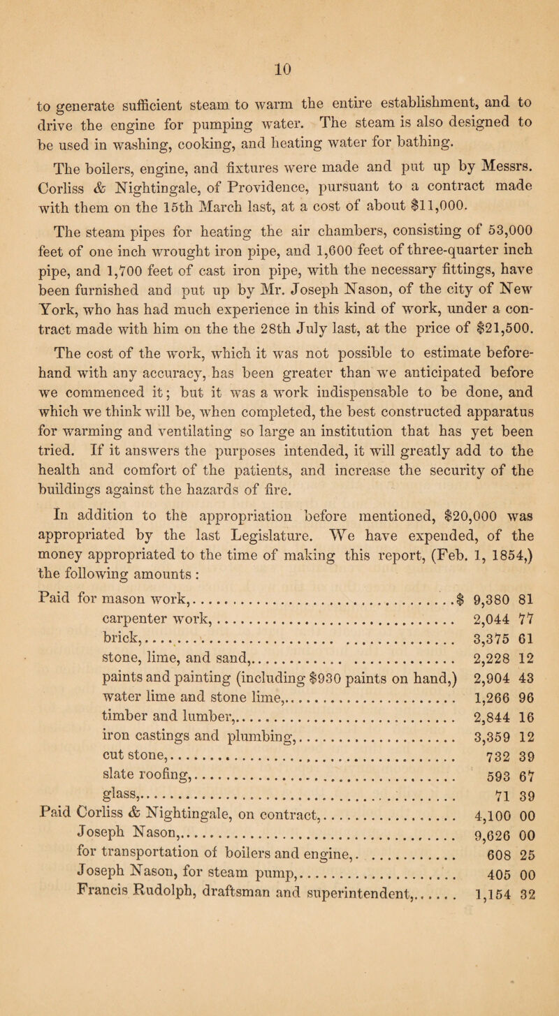 to generate sufficient steam to warm the entire establishment, and to drive the engine for pumping water. The steam is also designed to be used in washing, cooking, and heating water for bathing. The boilers, engine, and fixtures were made and put up by Messrs. Corliss & Nightingale, of Providence, pursuant to a contract made with them on the 15th March last, at a cost ol about $11,000. The steam pipes for heating the air chambers, consisting of 53,000 feet of one inch wrought iron pipe, and 1,600 feet of three-quarter inch pipe, and 1,100 feet of cast iron pipe, with the necessary fittings, have been furnished and put up by Mr. Joseph Nason, of the city of New York, who has had much experience in this kind of work, under a con¬ tract made with him on the the 28th July last, at the price of $21,500. The cost of the work, which it wras not possible to estimate before¬ hand with any accuracy, has been greater than wre anticipated before we commenced it; but it was a work indispensable to be done, and which we think will be, when completed, the best constructed apparatus for warming and ventilating so large an institution that has yet been tried. If it answers the purposes intended, it will greatly add to the health and comfort of the patients, and increase the security of the buildings against the hazards of fire. In addition to the appropriation before mentioned, $20,000 wras appropriated by the last Legislature. We have expended, of the money appropriated to the time of making this report, (Feb. 1, 1854,) the following amounts : Paid for mason work,.$ 9,380 81 carpenter work,. 2,044 71 brick,. 3,315 61 stone, lime, and sand,. 2,228 12 paints and painting (including $930 paints on hand,) 2,904 43 water lime and stone lime,. 1,266 96 timber and lumber,. 2,844 16 iron castings and plumbing,. 3,359 12 cut stone,. 732 39 slate roofing,. 593 61 glass,. 11 39 Paid Corliss & Nightingale, on contract,. 4,100 00 Joseph Nason,. 9,626 00 for transportation of boilers and engine,. 608 25 Joseph Nason, for steam pump,. 405 00 Francis Rudolph, draftsman and superintendent,. 1,154 32