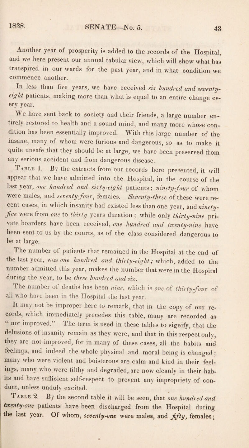 1838. Another year of prosperity is added to the records of the Hospital, and we here present our annual tabular view, which will show what has transpired in our wards tor the past year, and in what condition we commence another. In less than five years, we have received six hundred and seventy- eight patients, making more than what is equal to an entire change ev¬ ery year. We have sent back to society and their friends, a large number en¬ tirely restored to health and a sound mind, and many more whose con¬ dition has been essentially improved. With this large number of the insane, many of whom were furious and dangerous, so as to make it quite unsafe that tney should be at large, we have been preserved from any serious accident and from dangerous disease. Table 1. By the extracts from our records here presented, it will appear that we have admitted into the Hospital, in the course of the last year, one hundred and sixty-eight patients ; ninety-four of whom were males, and seventy four, females. Seventy-three of these were re¬ cent cases, in which insanity had existed less than one year, and ninety- five were from one to thirty years duration ; while only thirty-nine pri¬ vate boarders have been received, one hundred and twenty-nine have been sent to us by the courts, as of the class considered dangerous to be at large. The number of patients that remained in the Hospital at the end of the last year, was one hundred and thirty-eight; which, added to the number admitted this year, makes the number that were in the Hospital during the year, to be three hundred and six. The number of deaths has been nine, which is one of thirty-four of all who have been in the Hospital the last year. It may not be improper here to remark, that in the copy of our re¬ cords, which immediately precedes this table, many are recorded as “ ll0t improved.” The term is used in these tables to signify, that the delusions of insanity remain as they were, and that in this respect only, they are not improved, for in many of these cases, all the habits and feelings, and indeed the whole physical and moral being is changed; many who were violent and boisterous are calm and kind in their feel¬ ings, many who were filthy and degraded, are now cleanly in their hab¬ its and have sufficient self-respect to prevent any impropriety of con¬ duct, unless unduly excited. Table 2. By the second table it will be seen, that one hundred and twenty-one patients have been discharged from the Hospital during the last year. Of whom, seventy-one were males, and fifty, females;