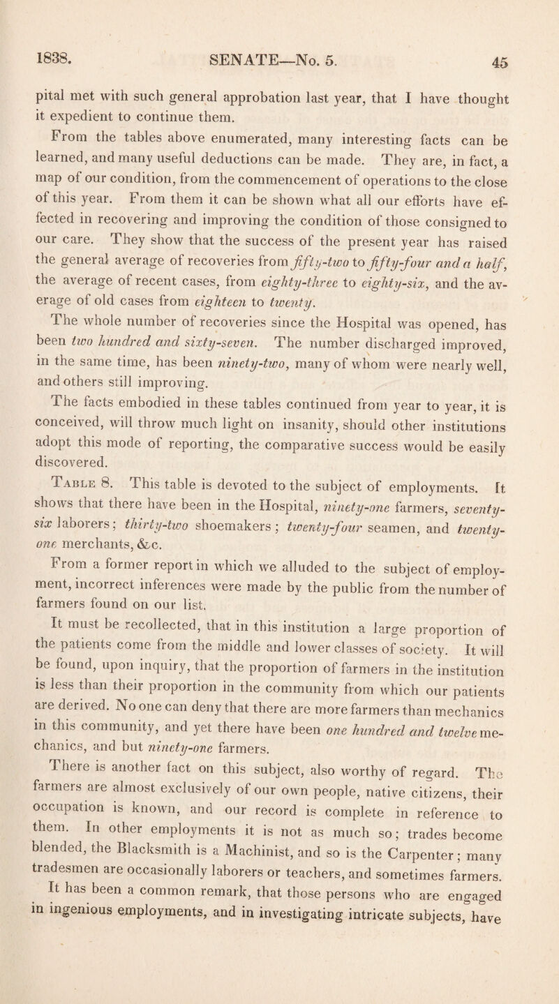 pital met with such general approbation last year, that 1 have thought it expedient to continue them. From the tables above enumerated, many interesting facts can be learned, and many useful deductions can be made. They are, in fact, a map of our condition, from the commencement of operations to the close of this year. From them it can be shown what all our efforts have ef¬ fected in recovering and improving the condition of those consigned to our care. They show that the success of the present year has raised the general average of recoveries from fifty-two to fifty -four and a half, the average of recent cases, from eighty-three to eighty-six, and the av¬ erage of old cases from eighteen to twenty. The whole number of recoveries since the Hospital was opened, has been two hundred and sixty-seven. The number discharged improved, in the same time, has been ninety-two, many of whom were nearly well, and others still improving. The facts embodied in these tables continued from year to year, it is conceived, will throw much light on insanity, should other institutions adopt this mode of reporting, the comparative success would be easily discovered. Table 8. This table is devoted to the subject of employments. It shows tnat there have been in the Hospital, ninety-one farmers, seventy- six laborers; thirty-two shoemakers; twenty-four seamen, and twenty- one merchants, &,c. f lom a former report in which we alluded to the subject of employ¬ ment, incorrect inferences were made by the public from the number of farmers found on our list. It must be recollected, that in this institution a large proportion of the patients come from the middle and lower classes of society. It will be found, upon inquiry, that the proportion of farmers in the institution is less than their proportion in the community from which our patients are derived. No one can deny that there are more farmers than mechanics in this community, and yet there have been one hundred and twelve me¬ chanics, and but ninety-one farmers. There is another fact on this subject, also worthy of regard. The farmers are almost exclusively of our own people, native citizens, their occupation is known, and our record is complete in reference to them. In other employments it is not as much so; trades become blended, the Blacksmith is a Machinist, and so is the Carpenter; many tradesmen are occasionally laborers or teachers, and sometimes farmers. It has been a common remark, that those persons who are engaged in ingenious employments, and in investigating intricate subjects, have