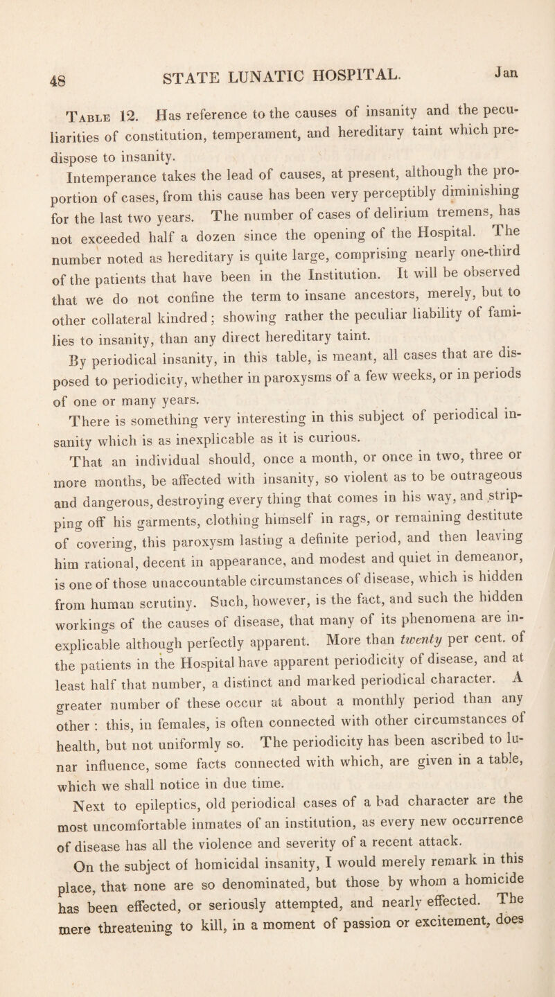 Table 12. Has reference to the causes of insanity and the pecu¬ liarities of constitution, temperament, and hereditary taint which pre¬ dispose to insanity. Intemperance takes the lead of causes, at present, although the pro¬ portion of cases, from this cause has been very perceptibly diminishing for the last two years. The number of cases of delirium tremens, has not exceeded half a dozen since the opening of the Hospital. The number noted as hereditary is quite large, comprising nearly one-third of the patients that have been in the Institution. It will be observed that we do not confine the term to insane ancestors, merely, but to other collateral kindred; showing rather the peculiar liability of fami¬ lies to insanity, than any direct hereditary taint. By periodical insanity, in this table, is meant, all cases that aie dis¬ posed to periodicity, whether in paroxysms of a few weeks, or in periods of one or many years. There is something very interesting in this subject of periodical in¬ sanity which is as inexplicable as it is curious. That an individual should, once a month, or once in two, three or more months, be affected with insanity, so violent as to be outrageous and dangerous, destroying every thing that comes in his way, and strip¬ ping off his garments, clothing himself in rags, or remaining destitute of covering, this paroxysm lasting a definite period, and then leaving him rational, decent in appearance, and modest and quiet in demeanor, is one of those unaccountable circumstances of disease, which is hidden from human scrutiny. Such, however, is the fact, and sucn the hidden workings of the causes of disease, that many of its phenomena aie in¬ explicable although perfectly apparent. More than twenty per cent, of the patients in the Hospital have apparent periodicity of disease, and at least half that number, a distinct and marked periodical character. A greater number of these occur at about a monthly period than any other : this, in females, is often connected with other circumstances of health, but not uniformly so. The periodicity has been ascribed to lu¬ nar influence, some facts connected with which, are given in a table, which we shall notice in due time. Next to epileptics, old periodical cases of a bad character are the most uncomfortable inmates of an institution, as every new occurrence of disease has all the violence and severity of a recent attack. On the subject of homicidal insanity, I would merely remark in this place, that none are so denominated, but those by whom a homicide has been effected, or seriously attempted, and nearly effected. The mere threatening to kill, in a moment of passion or excitement, does