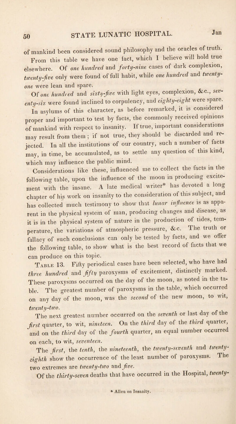 of mankind been considered sound philosophy and the oracles of truth. From this table we have one fact, which I believe will hold true elsewhere. Of one hundred and forty-nine cases of dark complexion, twenty-five only were found of full habit, while one hundred and twenty- one were lean and spare. Of one hundred and sixty five with light eyes, complexion, &c., sev¬ enty-six were found inclined to corpulency, and eighty-eight were spare. In asylums of this character, as before remarked, it is considered proper and important to test by facts, the commonly received opinions of mankind with respect to insanity. If true, important considerations may result from them ; if not true, they should be discarded and re¬ jected. In all the institutions of our country, such a number of facts may, in time, be accumulated, as to settle any question of this kind, which may influence the public mind. Considerations like these, influenced me to collect the facts in the following table, upon the influence of the moon m producing excite¬ ment with the insane. A late medical writer* has devoted a long chapter of his work on insanity to the consideration of this subject, and has collected much testimony to show that lunar influence is as appa¬ rent in the physical system of man, producing changes and disease, as it is in the physical system of nature in the production of tides, tem¬ perature, the variations of atmospheric pressure, &c. The truth or fallacy of such conclusions can only be tested by facts, and we offer the following table, to show what is the best record of facts that we can produce on this topic. Table 13. Fifty periodical cases have been selected, who have had three hundred and fifty paroxysms of excitement, distinctly marked. These paroxysms occurred on the day of the moon, as noted in the ta¬ ble. The greatest number of paroxysms in the table, which occurred on any day of the moon, was the second of the new moon, to wit, twenty-two. The next greatest number occurred on the seventh or last day of the first quarter, to wit, nineteen. On the third day of the third quartei, and on the third day of the fourth quarter, an equal number occurred on each, to wit, seventeen. The first, the tenth, the nineteenth, the twenty-seventh and twenty- eighth show the occurrence of the least number of paroxysms. The two extremes are twenty-two and five. Of the thirty-seven deaths that have occurred in the Hospital, twenty- * Allen on Insanity.