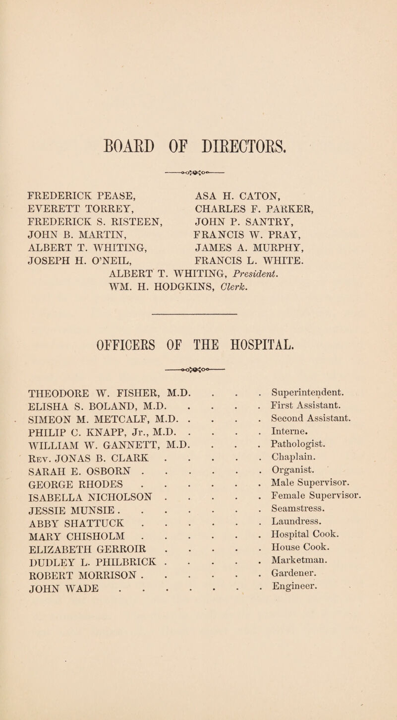 BOAED OF DIEECTOES. ■»-OrO=»0** FREDERICK PEASE, EVERETT TORREY, FREDERICK S. RISTEEN, JOHN B. MARTIN, ALBERT T. AVHITING, JOSEPH H. O’NEIL, ASA H. CATON, CHARLES F. PARKER, JOHN P. SANTRY, FRANCIS W. PRAY, JAMES A. MURPHY, FRANCIS L. WHITE. ALBERT T. WHITING, President. WM. H. HODGKINS, Clerk. OFFICEES OF THE HOSPFTAL. -oo'^c THEODORE W. FISHER, M.D ELISHA S. BOLAND, M.D. SIMEON M. METCALF, M.D. PHILIP C. KNAPP, Jr., M.D. WILLIAM W. GANNETT, M.D Rev. JONAS B. CLARK . SARAH E. OSBORN . GEORGE RHODES . ISABELLA NICHOLSON . JESSIE MUNSIE . ABBY SHATTUCK . MARY CHISHOLM . ELIZABETH GERROIR DUDLEY L. PHILBRICK . ROBERT MORRISON . JOHN WADE Superintendent. First Assistant. Second Assistant. Interne. Pathologist. Chaplain. Organist. Male Supervisor. Female Supervisor. Seamstress. Laundress. Hospital Cook. House Cook. Marketman. Gardener. Engineer.