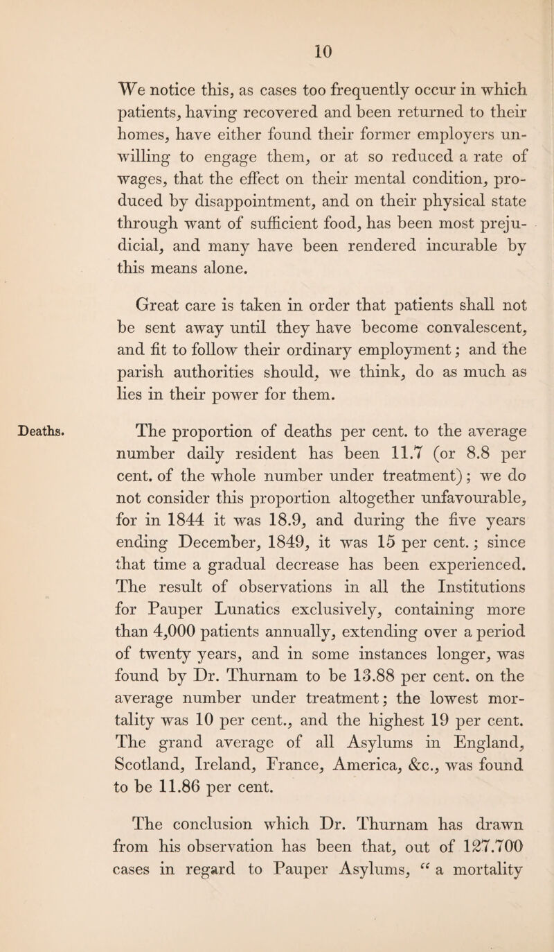 Deaths. We notice this, as cases too frequently occur in which patients, having recovered and been returned to their homes, have either found their former employers un¬ willing to engage them, or at so reduced a rate of wages, that the effect on their mental condition, pro¬ duced by disappointment, and on their physical state through want of sufficient food, has been most preju¬ dicial, and many have been rendered incurable by this means alone. Great care is taken in order that patients shall not be sent away until they have become convalescent, and fit to follow their ordinary employment; and the parish authorities should, we think, do as much as lies in their power for them. The proportion of deaths per cent, to the average number daily resident has been 11.7 (or 8.8 per cent, of the whole number under treatment); we do not consider this proportion altogether unfavourable, for in 1844 it was 18.9, and during the five years ending December, 1849, it was 15 per cent.; since that time a gradual decrease has been experienced. The result of observations in all the Institutions for Pauper Lunatics exclusively, containing more than 4,000 patients annually, extending over a period of twenty years, and in some instances longer, was found by Dr. Thurnam to be 13.88 per cent, on the average number under treatment; the lowest mor¬ tality was 10 per cent., and the highest 19 per cent. The grand average of all Asylums in England, Scotland, Ireland, France, America, &c., was found to be 11.86 per cent. The conclusion which Dr. Thurnam has drawn from his observation has been that, out of 127.700 cases in regard to Pauper Asylums, “ a mortality