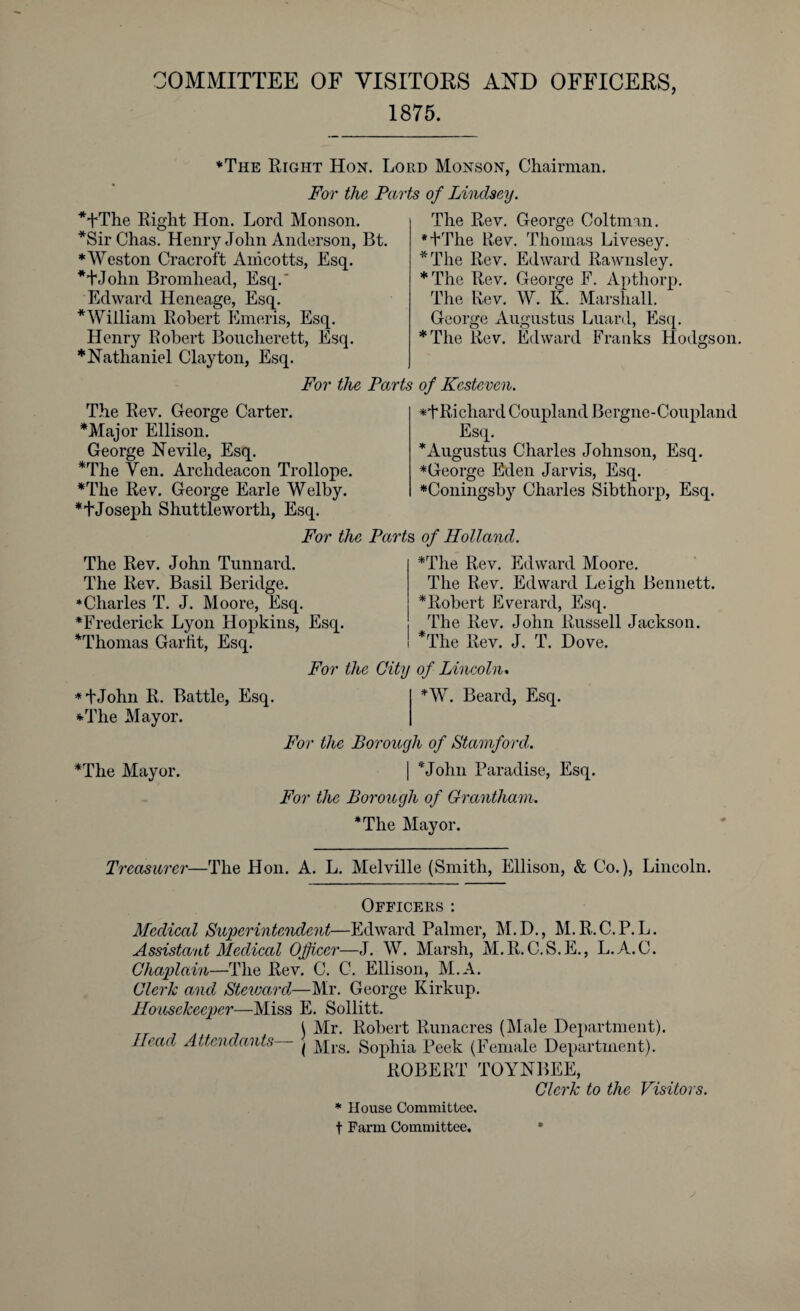 COMMITTEE OF VISITORS AND OFFICERS, 1875. ♦The Right Hon. Lord Monson, Chairman. For the Parts of Lindsey. *TThe Right Hon. Lord Monson. *Sir Chas. Henry John Anderson, Bt. ♦Weston Cracroft Anicotts, Esq. *+John Bromhead, Esq.* Edward Heneage, Esq. *William Robert Emeris, Esq. Henry Robert Boucherett, Esq. * Nathaniel Clayton, Esq. The Rev. George Coltman. *+The Rev. Thomas Livesey. *The Rev. Edward Rawnsley. *The Rev. George F. Apthorp. The Rev. W. K. Marshall. George Augustas Luard, Esq. *The Rev. Edward Franks Hodgson. For the Parts of Kesteven. The Rev. George Carter. *Major Ellison. George Nevile, Esq. *The Yen. Archdeacon Trollope. *The Rev. George Earle Welby. *t Joseph Shuttlewortli, Esq. *+Richard Coupland Bergne-Coupland Esq. ’Augustus Charles Johnson, Esq. *George Eden Jarvis, Esq. *Coningsby Charles Sibthorp, Esq. For the Parts, of Holland. The Rev. John Tunnard. The Rev. Basil Beridge. Charles T. J. Moore, Esq. ‘Frederick Lyon Hopkins, Esq. Thomas Garlit, Esq. *The Rev. Edward Moore. The Rev. Edward Leigh Bennett. * Robert Everard, Esq. The Rev. John Russell Jackson. *The Rev. J. T. Dove. *1\John R. Battle, Esq. *The Mayor. For the City of Lincoln. fW. Beard, Esq. For the Borough of Stamford. *The Mayor. | ’John Paradise, Esq. For the Borough of Grantham. *The Mayor. Treasurer—The Hon. A. L. Melville (Smith, Ellison, & Co.), Lincoln. Officers : Medical Superintendent—Edward Palmer, M.D., M.R.C.P. L. Assistant Medical Officer—J. W. Marsh, M.R. C.S.E., L.A.C. Chaplain—The Rev. C. C. Ellison, M.A. Clerk and Steward—Mr. George Kirkup. Housekeeper—Miss E. Sollitt. \ Mr. Robert Runacres (Male Department). Head Attendants j ^jrs_ Sophia Peek (Female Department). ROBERT TOYNBEE, Clerk to the Visitors. * House Committee, t Farm Committee.