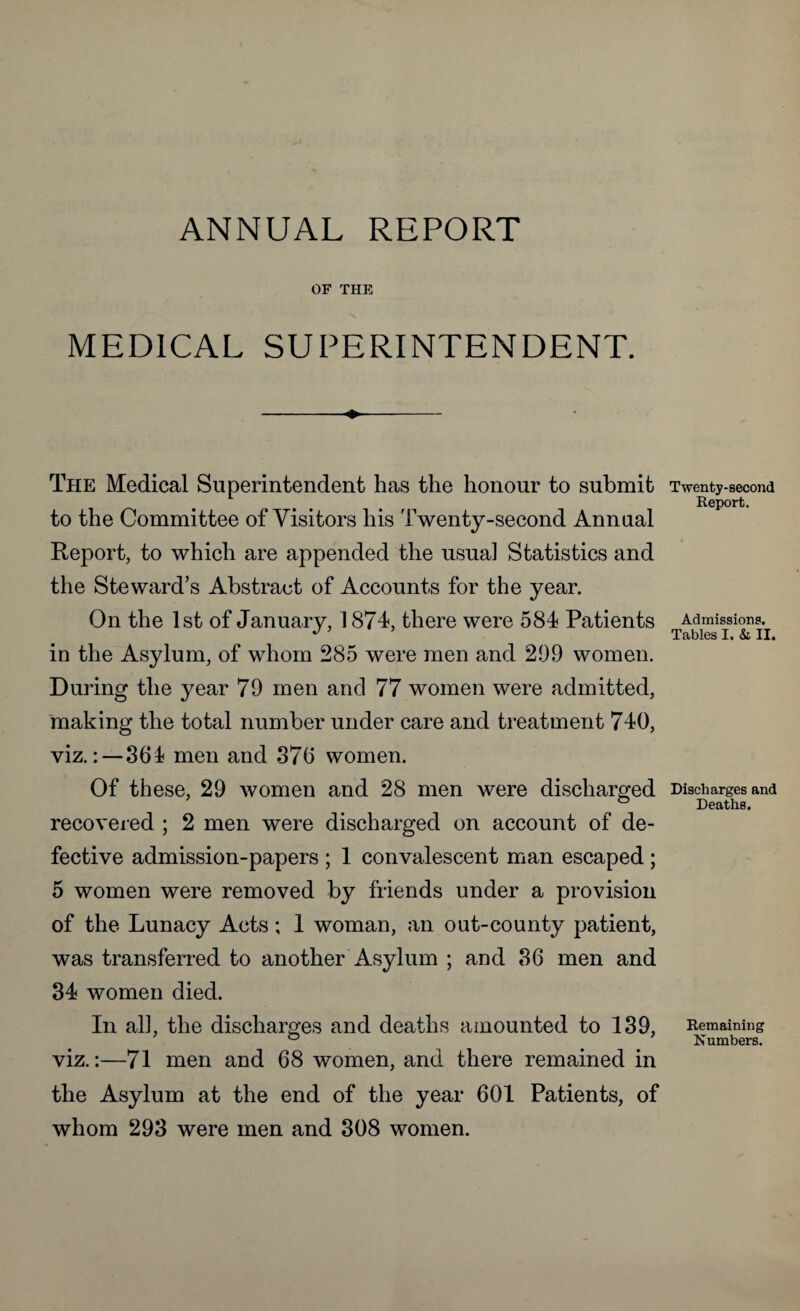 ANNUAL REPORT OF THE MEDICAL SUPERINTENDENT. <*- The Medical Superintendent has the honour to submit to the Committee of Visitors his Twenty-second Annual Report, to which are appended the usual Statistics and the Steward’s Abstract of Accounts for the year. On the 1st of January, 1874, there were 584 Patients in the Asylum, of whom 285 were men and 299 women. During the year 79 men and 77 women were admitted, making the total number under care and treatment 740, viz.: — 364 men and 376 women. Of these, 29 women and 28 men were discharged recovered ; 2 men were discharged on account of de¬ fective admission-papers ; 1 convalescent man escaped ; 5 women were removed by friends under a provision of the Lunacy Acts ; 1 woman, an out-county patient, was transferred to another Asylum ; and 36 men and 34 women died. In all, the discharges and deaths amounted to 139, viz.:—71 men and 68 women, and there remained in the Asylum at the end of the year 601 Patients, of whom 293 were men and 308 women. Twenty-second Report. Admissions. Tables I. &. II. Discharges and Deaths. Remaining Numbers.