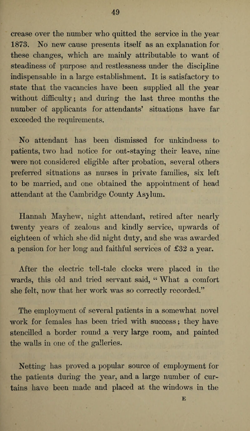 crease over the number who quitted the service in the year 1873. No new cause presents itself as an explanation for these changes, which are mainly attributable to want of steadiness of purpose and restlessness under the discipline indispensable in a large establishment. It is satisfactory to state that the vacancies have been supplied all the year without difficulty; and during the last three months the number of applicants for attendants’ situations have far exceeded the requirements. No attendant has been dismissed for unkindness to patients, two had notice for out-staying their leave, nine were not considered eligible after probation, several others preferred situations as nurses in private families, six left to be married, and one obtained the appointment of head attendant at the Cambridge County Asylum. Hannah Mayhew, night attendant, retired after nearly twenty years of zealous and kindly service, upwards of eighteen of which she did night duty, and she was awarded a pension for her long and faithful services of £32 a year. After the electric tell-tale clocks were placed in the wards, this old and tried servant said, “ What a comfort she felt, now that her work was so correctly recorded.” The employment of several patients in a somewhat novel work for females has been tried with success; they have stencilled a border round a very large room, and painted the walls in one of the galleries. Netting has proved a popular source of employment for the patients during the year, and a large number of cur¬ tains have been made and placed at the windows in the E