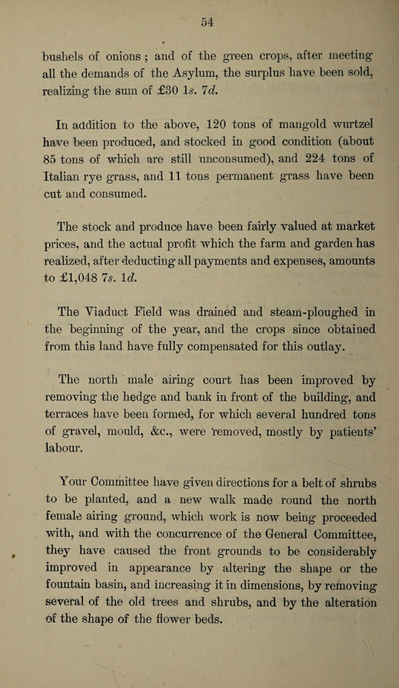 bushels of onions ; and of the green crops, after meeting all the demands of the Asylum, the surplus have been sold, realizing the sum of £30 Is. 7d. In addition to the above, 120 tons of mangold wurtzel have been produced, and stocked in good condition (about 85 tons of which are still unconsumed), and 224 tons of Italian rye grass, and 11 tons permanent grass have been cut and consumed. The stock and produce have been fairly valued at market prices, and the actual profit which the farm and garden has realized, after deducting all payments and expenses, amounts to £1,048 7s. Id. The Viaduct Field was drained and steam-ploughed in the beginning of the year, and the crops since obtained from this land have fully compensated for this outlay. The north male airing court has been improved by removing the hedge and bank in front of the building, and terraces have been formed, for which several hundred tons of gravel, mould, &c., were 'removed, mostly by patients’ labour. Your Committee have given directions for a belt of shrubs to be planted, and a new walk made round the north female airing ground, which work is now being proceeded with, and with the concurrence of the General Committee, they have caused the front grounds to be considerably improved in appearance by altering the shape or the fountain basin, and increasing it in dimensions, by removing several of the old trees and shrubs, and by the alteration of the shape of the flower beds.