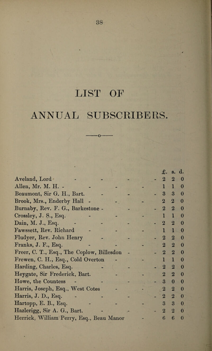 LIST OF ANNUAL SUBSCRIBERS. £. a. Aveland, Lord - - - -22 Allen, Mr. M. H. - - - - 11 Beaumont, Sir G. H., Bart. - - 3 3 Brook, Mrs., Enderby Hall - - 2 2 Burnaby, Rev. F. G., Barkestone - - - 2 2 Crossley, J. S., Esq. - - 1 1 Dain, M. J., Esq. - - - - 2 2 Fawssett, Rev. Richard - - 1 1 Fludyer, Rev. John Henry - - 2 2 Franks, J. F., Esq. - - 2 2 Freer, C. T., Esq., The Coplow, Billesdon - - 2 2 Frewen, C. H., Esq., Cold Overton - - 11 Harding, Charles, Esq. - - - 2 2 Heygate, Sir Frederick, Bart. - - 2 2 Howe, the Countess - - - - 3 0 Harris, Joseph, Esq., West Cotes - - 2 2 Harris, J. D., Esq. - - - - 2 2 Hartopp, E. B., Esq. - - 3 3 Hazlerigg, Sir A. G., Bart. - - - 2 2 Herrick, William Perry, Esq., Beau Manor - 6 6 > d. 0 0 0 0 0 0 0 0 0 0 0 0 0 0 0 0 0 0 0 0