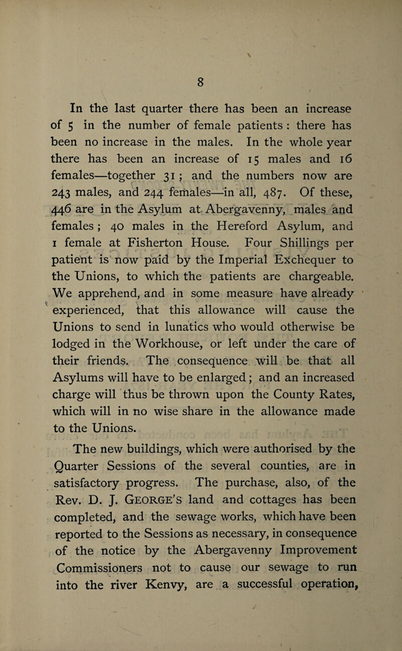 In the last quarter there has been an increase of 5 in the number of female patients : there has been no increase in the males. In the whole year there has been an increase of 15 males and 16 females—together 31 ; and the numbers now are 243 males, and 244 females—-in all, 487. Of these, 446 are in the Asylum at Abergavenny, males and females ; 40 males in the Hereford Asylum, and 1 female at Fisherton House. Four Shillings per patient is now paid by the Imperial Exchequer to the Unions, to which the patients are chargeable. We apprehend, and in some measure have already experienced, that this allowance will cause the Unions to send in lunatics who would otherwise be lodged in the Workhouse, or left under the care of their friends. The consequence will be that all Asylums will have to be enlarged; and an increased charge will thus be thrown upon the County Rates, which will in no wise share in the allowance made to the Unions. The new buildings, which were authorised by the Quarter Sessions of the several counties, are in satisfactory progress. The purchase, also, of the Rev. D. J. George's land and cottages has been completed, and the sewage works, which have been reported to the Sessions as necessary, in consequence of the notice by the Abergavenny Improvement Commissioners not to cause our sewage to run into the river Kenvy, are a successful operation,