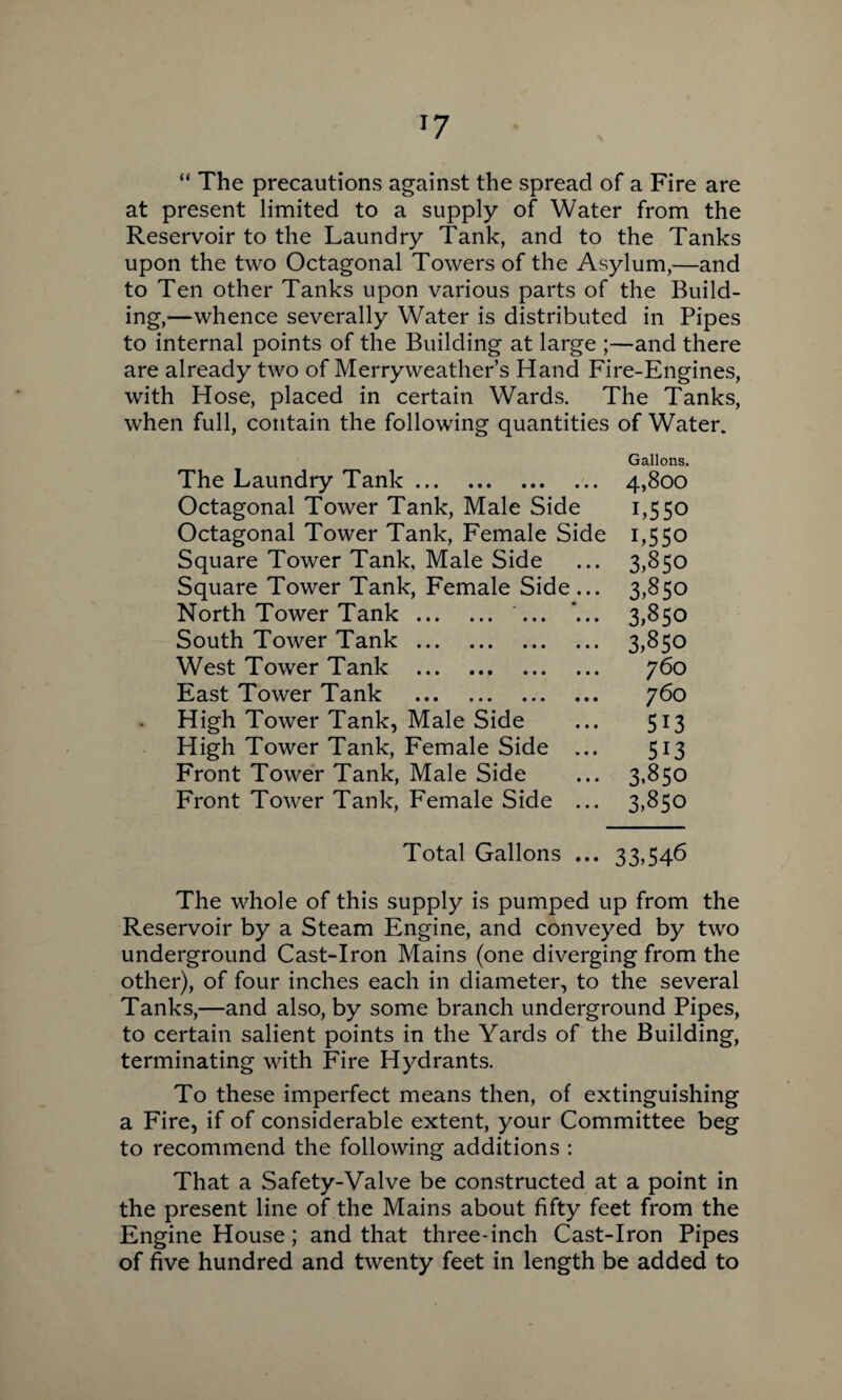 “ The precautions against the spread of a Fire are at present limited to a supply of Water from the Reservoir to the Laundry Tank, and to the Tanks upon the two Octagonal Towers of the Asylum,—and to Ten other Tanks upon various parts of the Build¬ ing,—whence severally Water is distributed in Pipes to internal points of the Building at large ;—and there are already two of Merryweather’s Hand Fire-Engines, with Hose, placed in certain Wards. The Tanks, when full, contain the following quantities of Water. The Laundry Tank. Octagonal Tower Tank, Male Side Octagonal Tower Tank, Female Side Square Tower Tank, Male Side Square Tower Tank, Female Side ... North Tower Tank. ... South Tower Tank. West Tower Tank . East Tower Tank . High Tower Tank, Male Side High Tower Tank, Female Side ... Front Tower Tank, Male Side Front Tower Tank, Female Side ... Gallons. 4,800 1,550 1,550 3,850 3,850 3,850 3.850 760 760 513 513 3.850 3.850 Total Gallons ... 33,546 The whole of this supply is pumped up from the Reservoir by a Steam Engine, and conveyed by two underground Cast-Iron Mains (one diverging from the other), of four inches each in diameter, to the several Tanks,—and also, by some branch underground Pipes, to certain salient points in the Yards of the Building, terminating with Fire Hydrants. To these imperfect means then, of extinguishing a Fire, if of considerable extent, your Committee beg to recommend the following additions : That a Safety-Valve be constructed at a point in the present line of the Mains about fifty feet from the Engine House; and that three-inch Cast-Iron Pipes of five hundred and twenty feet in length be added to