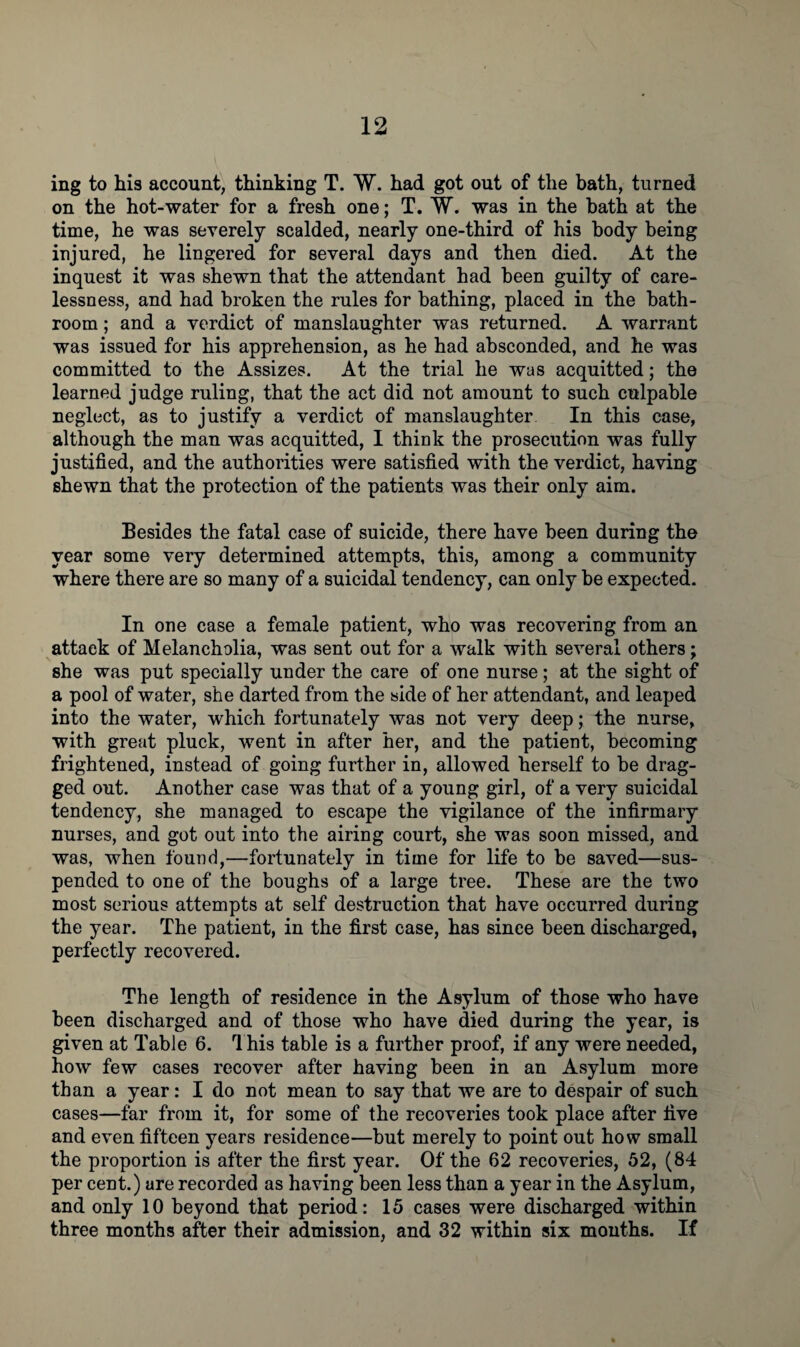 ing to his account, thinking T. W. had got out of the bath, turned on the hot-water for a fresh one; T. W. was in the bath at the time, he was severely scalded, nearly one-third of his body being injured, he lingered for several days and then died. At the inquest it was shewn that the attendant had been guilty of care¬ lessness, and had broken the rules for bathing, placed in the bath¬ room ; and a verdict of manslaughter was returned. A warrant was issued for his apprehension, as he had absconded, and he was committed to the Assizes. At the trial he was acquitted; the learned judge ruling, that the act did not amount to such culpable neglect, as to justify a verdict of manslaughter In this case, although the man was acquitted, I think the prosecution was fully justified, and the authorities were satisfied with the verdict, having shewn that the protection of the patients was their only aim. Besides the fatal case of suicide, there have been during the year some very determined attempts, this, among a community where there are so many of a suicidal tendency, can only be expected. In one case a female patient, who was recovering from an attack of Melancholia, was sent out for a walk with several others; she was put specially under the care of one nurse; at the sight of a pool of water, she darted from the side of her attendant, and leaped into the water, which fortunately was not very deep; the nurse, with great pluck, went in after her, and the patient, becoming frightened, instead of going further in, allowed herself to be drag¬ ged out. Another case was that of a young girl, of a very suicidal tendency, she managed to escape the vigilance of the infirmary nurses, and got out into the airing court, she was soon missed, and was, when found,—fortunately in time for life to be saved—sus¬ pended to one of the boughs of a large tree. These are the two most serious attempts at self destruction that have occurred during the year. The patient, in the first case, has since been discharged, perfectly recovered. The length of residence in the Asylum of those who have been discharged and of those who have died during the year, is given at Table 6. Ihis table is a further proof, if any were needed, how few cases recover after having been in an Asylum more than a year: I do not mean to say that we are to despair of such cases—far from it, for some of the recoveries took place after five and even fifteen years residence—but merely to point out how small the proportion is after the first year. Of the 62 recoveries, 52, (84 per cent.) are recorded as having been less than a year in the Asylum, and only 10 beyond that period: 15 cases were discharged within three months after their admission, and 32 within six months. If