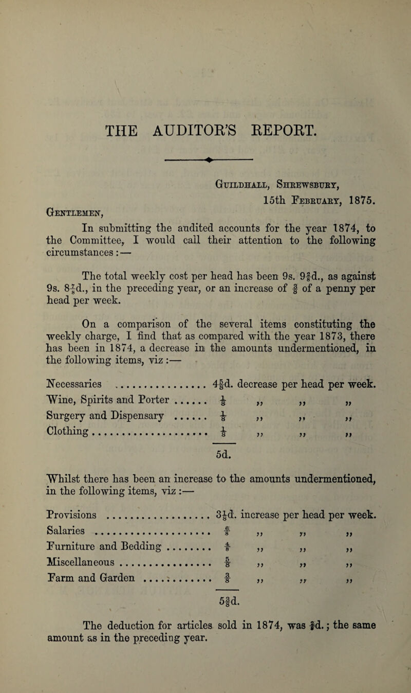 THE AUDITOR’S REPORT. ♦ Guildhall, Shrewsbury, 15th February, 1875. Gentlemen, In submitting the audited accounts for the year 1874, to the Committee, I would call their attention to the following circumstances: — The total weekly cost per head has been 9s. 9fd., as against 9s. 8|d., in the preceding year, or an increase of f of a penny per head per week. On a comparison of the several items constituting the weekly charge, I find that as compared with the year 1873, there has been in 1874, a decrease in the amounts undermentioned, in the following items, viz :— Necessaries .4fd. decrease per head per week. Wine, Spirits and Porter. £ ,, ,, „ Surgery and Dispensary . ^ ,, ,, ,, Clothing. & „ „ „ 5d. Whilst there has been an increase to the amounts undermentioned, in the following items, viz :— Provisions . Salaries . Furniture and Bedding Miscellaneous.. Farm and Garden ... 3|d. increase per head per week. 8 )> A 8 1) >) >> f )) y> f If >> 5§ d. % / * The deduction for articles sold in 1874, was fd.; the same amount as in the preceding year.