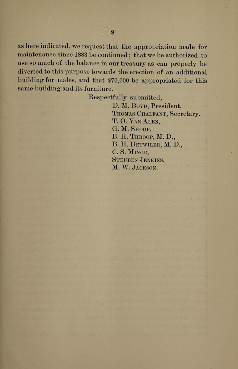 as here indicated, we request that the appropriation made for maintenance since 1883 be continued; that we be authorized to use so much of the balance in our treasury as can properly be diverted to this purpose towards the erection of an additional building'for males, and that $70,000 be appropriated for this same building and its furniture. Respectfully submitted, D. M. Boyd, President. Thomas Chalfant, Secretary. T. O. Van Alen, G. M. Shoop, B. H. Throop, M. D., B. H. Detwiler, M. D., C. S. Minor, Steuben Jenkins, M. AY. Jackson.