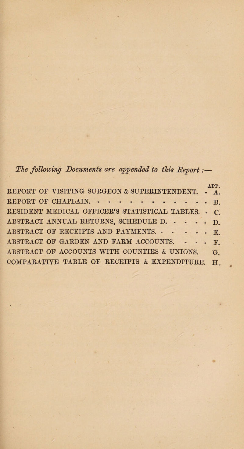 The following Documents are appended to this Deport APP EEPOET OF VISITING SUEGEON & SUPEEINTENDENT. - a’. EEPOET OF CHAPLAIN. ----------- B. PRESIDENT MEDICAL OFFICEE’S STATISTICAL TABLES. - C. ABSTEACT ANNUAL EETUENS, SCHEDULE D. - - • - D. ABSTEACT OF EECEIPTS AND PAYMENTS. - - - . . E. ABSTEACT OF GAEDEN AND FAEM ACCOUNTS. - - - F. ABSTEACT OF ACCOUNTS WITH COUNTIES & UNIONS. G. COMPAEATIVE TABLE OF EECEIPTS & EXPENDITUEE. H. /