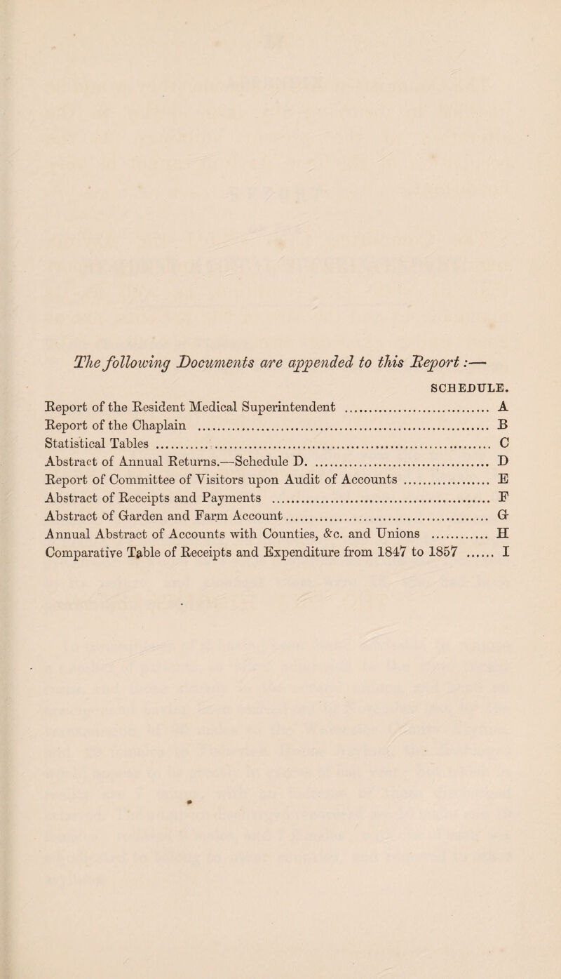 The following Documents are appended to tins Deport- SCHEDULE. Report of the Resident Medical Superintendent . .. A Report of the Chaplain ..... B Statistical Tables . ...... C Abstract of Annual Returns.—Schedule D... D Report of Committee of Visitors upon Audit of Accounts .. E Abstract of Receipts and Payments . E Abstract of Garden and Farm Account... G Annual Abstract of Accounts with Counties, &c. and Unions . H Comparative T&ble of Receipts and Expenditure from 1847 to 1857 . I