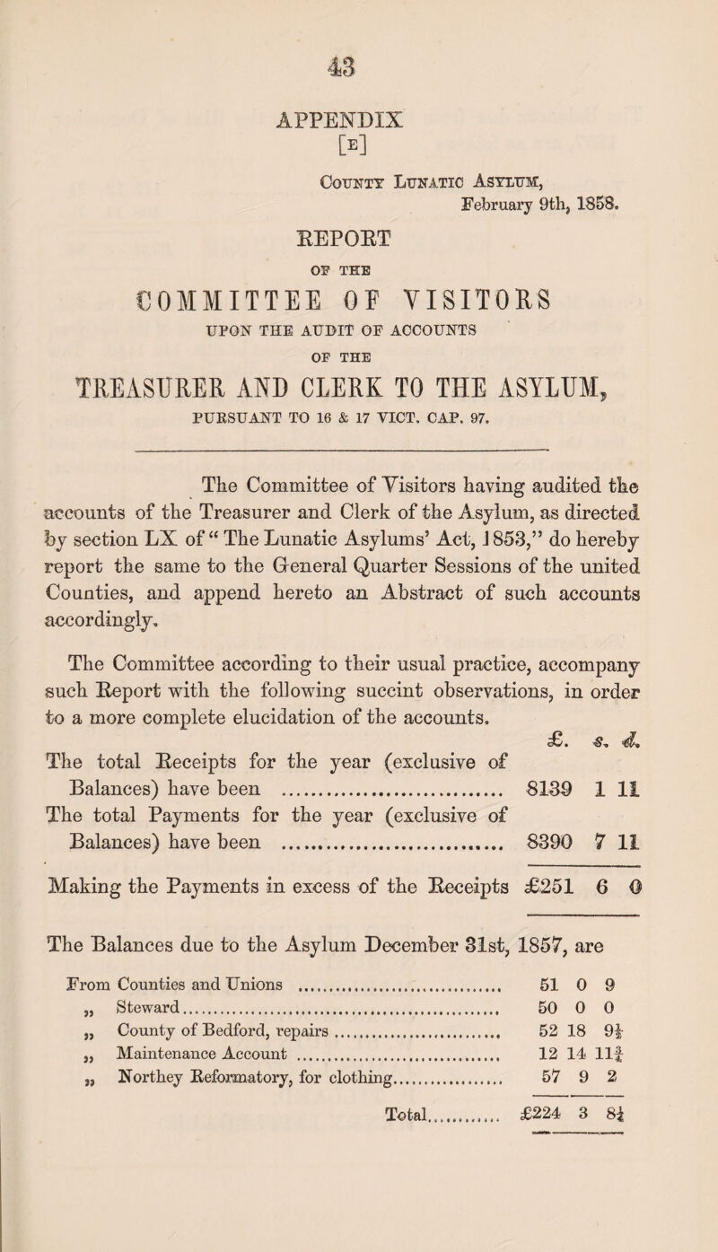 APPENDIX M County Lunatic Asylum, February 9th, 1858, EEPOET OF THE COMMITTEE OF VISITORS UPON THE AUDIT OF ACCOUNTS OF THE TREASURER AND CLERK TO THE ASYLUM, PURSUANT TO 16 & 17 VICT. CAP. 97. The Committee of Visitors having audited the accounts of the Treasurer and Clerk of the Asylum, as directed by section LX of “ The Lunatic Asylums’ Act, J 853,” do hereby report the same to the General Quarter Sessions of the united Counties, and append hereto an Abstract of such accounts accordingly. The Committee according to their usual practice, accompany such Eeport with the following succint observations, in order to a more complete elucidation of the accounts, cC. ■$-» The total Eeceipts for the year (exclusive of Balances) have been . 8139 1 11 The total Payments for the year (exclusive of Balances) have been .. 8390 7 11 Making the Payments in excess of the Eeceipts £251 6 0 The Balances due to the Asylum December 31st, 1857, are From Counties and Unions .. 51 0 9 „ Steward. 50 0 0 „ County of Bedford, repairs. 52 18 9f ,, Maintenance Account . 12 14 Ilf „ Northey Reformatory, for clothing. 57 9 2