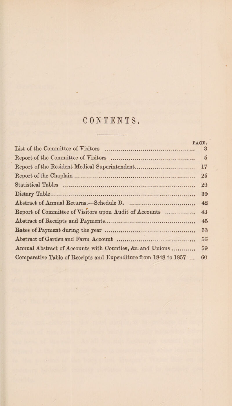 CONTENTS. i>AGE. List of the Committee of Visitors ........ 3 Eeport of the Committee of Visitors . 5 Eeport of the Eesident Medical Superintendent... 17 Eeport of the Chaplain..... 25 Statistical Tables ..... 29 Dietary Table....... 39 Abstract of Annual Eeturns.—Schedule D. 42 * Eeport of Committee of Visitors upon Audit of Accounts ... 43 Abstract of Eeceipts and Payments...... 45 Eates of Payment during the year ........ 53 Abstract of Garden and Farm Account ...... 56 Annual Abstract of Accounts with Counties, &c. and Unions. 59 Comparative Table of Eeceipts and Expenditure from 1848 to 1857 ... 60