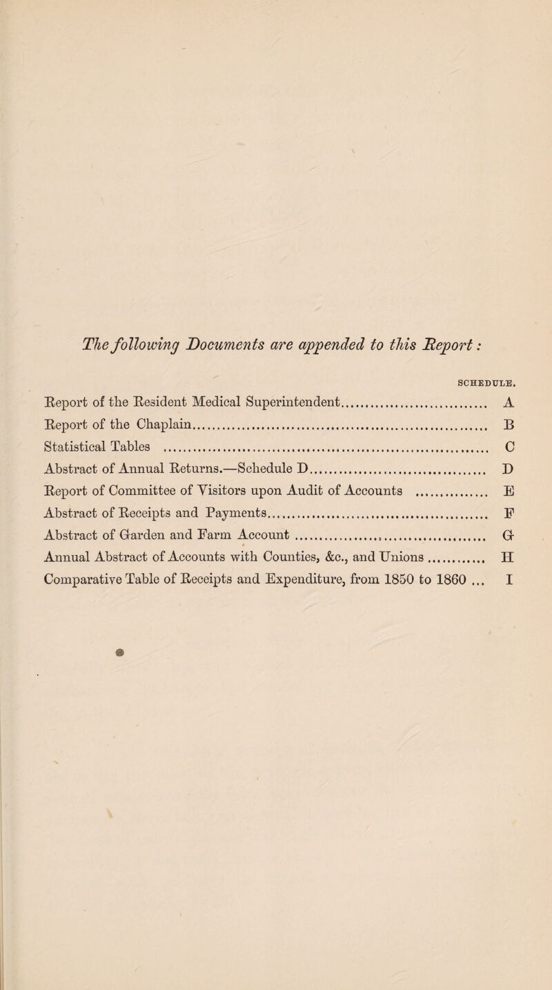 The following Documents are appended to this Report: SCHEDULE. Report of the Resident Medical Superintendent. A Report of the Chaplain. R Statistical Tables . C Abstract of Annual Returns.—Schedule D. D Report of Committee of Yisitors upon Audit of Accounts . E Abstract of Receipts and Payments... E Abstract of Garden and Farm Account . G Annual Abstract of Accounts with Counties, &c., and Unions. H