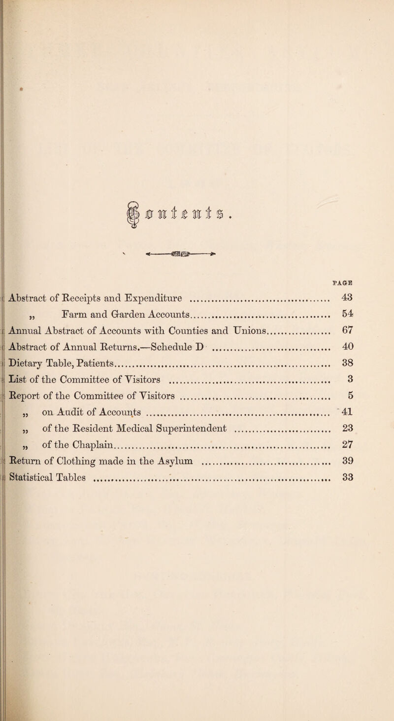 „ Farm and Garden Accounts.. i Annual Abstract of Accounts witb Counties and Unions ( Abstract of Annual Returns.—Schedule D . i Dietary Table, Patients. | List of the Committee of Visitors ... Report of the Committee of Visitors ... „ on Audit of Accounts .. „ of the Resident Medical Superintendent . „ of the Chaplain. Return of Clothing made in the Asylum . Statistical Tables . PAGE 54 67 40 38 3 5 41 23 27 39 33