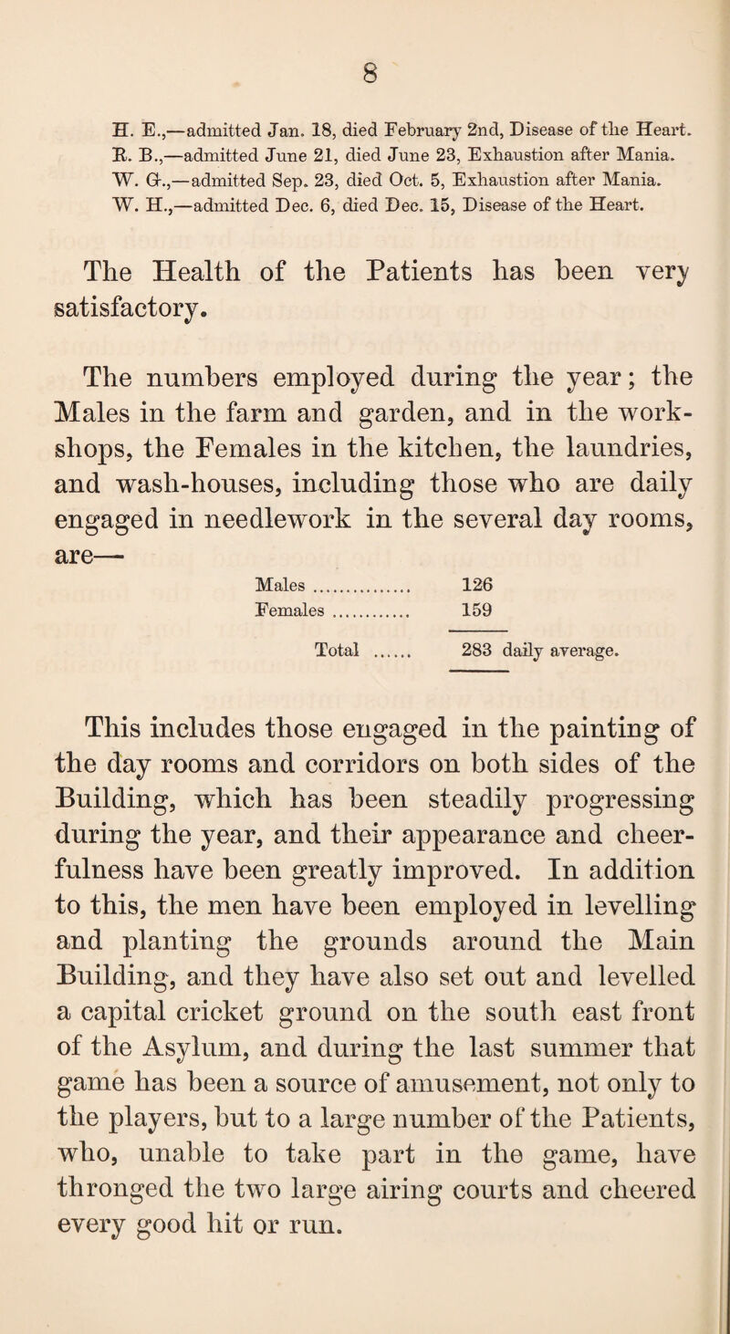 H. E.,—admitted Jan. 18, died February 2nd, Disease of tlie Heart. R. B.,—admitted June 21, died June 23, Exhaustion after Mania. W. Gr.,— admitted Sep. 23, died Oct. 5, Exhaustion after Mania. W. H.,—admitted Dec. 6, died Dec. 15, Disease of the Heart. The Health of the Patients has been very satisfactory. The numbers employed during the year; the Males in the farm and garden, and in the work¬ shops, the Females in the kitchen, the laundries, and wash-houses, including those who are daily engaged in needlework in the several day rooms, are— Males . 126 Females . 159 Total . 283 daily average. This includes those engaged in the painting of the day rooms and corridors on both sides of the Building, which has been steadily progressing during the year, and their appearance and cheer¬ fulness have been greatly improved. In addition to this, the men have been employed in levelling and planting the grounds around the Main Building, and they have also set out and levelled a capital cricket ground on the south east front of the Asylum, and during the last summer that game has been a source of amusement, not only to the players, hut to a large number of the Patients, who, unable to take part in the game, have thronged the two large airing courts and cheered every good hit or run.