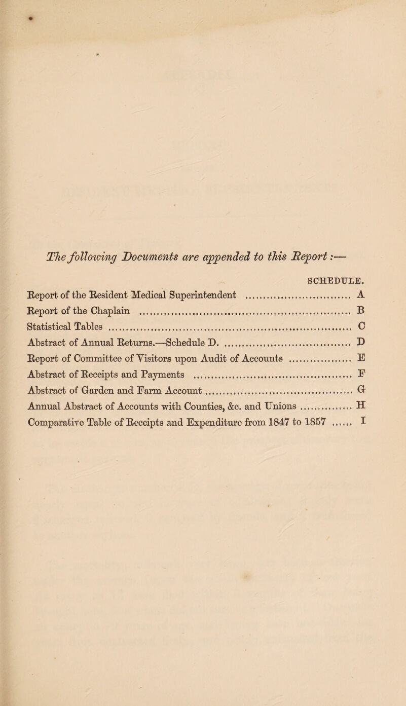 The following Documents are appended to this Deport SCHEDULE. Report of the Resident Medical Superintendent . A Report of the Chaplain ... B Statistical Tables ........ C Abstract of Annual Returns.—Schedule D...... D Report of Committee of Visitors upon Audit of Accounts ... E Abstract of Receipts and Payments ..... E Abstract of Garden and Farm Account........ G Annual Abstract of Accounts with Counties, &c. and Unions ............... H Comparative Table of Receipts and Expenditure from 1847 to 1857 . I