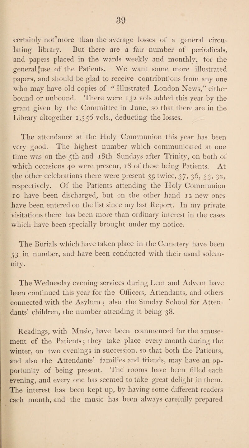 certainly not more than the average losses of a general circu¬ lating library. But there are a fair number of periodicals, and papeis placed in the wards weekly and monthly, for the general fuse of the Patients. We want some more illustrated papers, and should be glad to receive contributions from any one who may have old copies of “ Illustrated London News,” either bound or unbound. There were 132 vols added this year by the grant given by the Committee in June, so that there are in the Library altogether 1,336 vols., deducting the losses. The attendance at the Holy Communion this year has been very good. The highest number which communicated at one time was on the 3th and 18th Sundays after Trinity, on both of which occasions 40 were presenc, 18 of these being Patients. At the other celebrations there were present 39 twice, 37, 36, 33, 32, respectively. Of the Patients attending the Holy Communion 10 have been discharged, but on the other hand 12 new ones have been entered on the list since my last Report. In my private visitations there has been more than ordinary interest in the cases which have been specially brought under my notice. The Burials which have taken place in the Cemetery have been 33 in number, and have been conducted with their usual solem¬ nity. The Wednesday evening services during Lent and Advent have been continued this year for the Officers, Attendants, and others connected with the Asylum 3 also the Sunday School for Atten¬ dants’ children, the number attending it being 38. Readings, with Music, have been commenced for the amuse¬ ment of the Patients 5 they take place every month during the winter, on two evenings in succession, so that both the Patients, and also the Attendants’ families and friends, may have an op¬ portunity of being present. The rooms have been tilled each evening, and every one has seemed to take great delight in them. The interest has been kept up, by having some different readers each month, and the music has been always carefully prepared